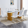 Table And Chair Set.Large Modern Rectangular Table With 0.4 Inch Patterned Glass Tabletop And Large Mdf Table Legs.Comes With 8 Chairs With Faux Leather Cushioned Seats And Golden Metal Legs. Gold White Seats 8 Mdf Glass