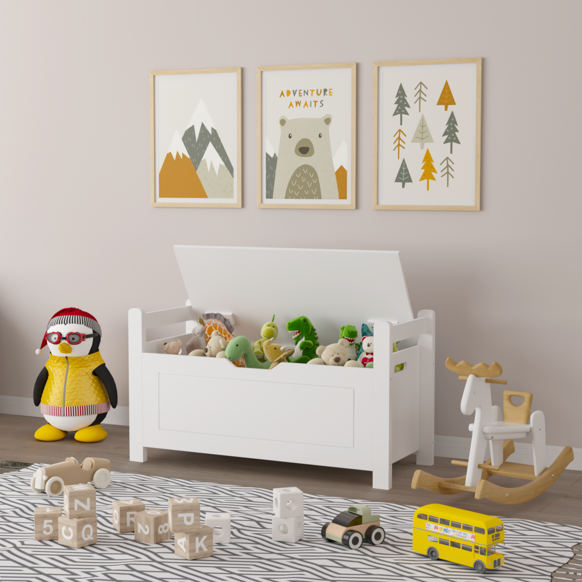Kids Toy Box Chest, White Rubber Wood Toy Box For Boys Girls, Large Storage Cabinet With Flip Top Lid Safety Hinge, Toy Storage Organizer Trunk For Nursery, Playroom White Mdf