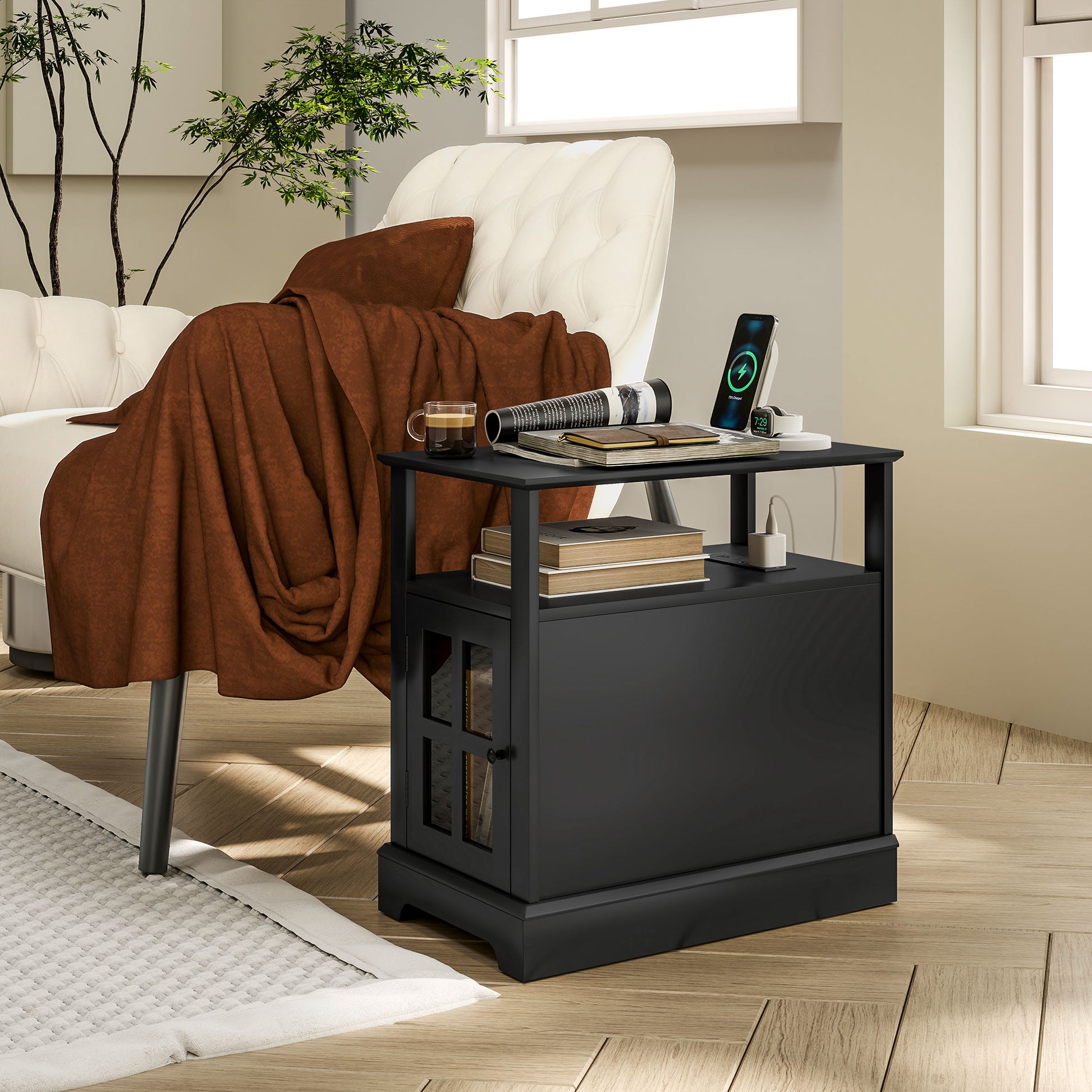 Homcom End Table With Charging Station, Narrow Side Table With Usb Ports And Outlets, Small Table With Hidden Storage And Open Shelf For Living Room, Black Black Mdf