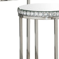 24 Inch Nesting Accent Tables, Mirrored Gemstone Trim, Set Of 2, Silver Silver Glass Metal