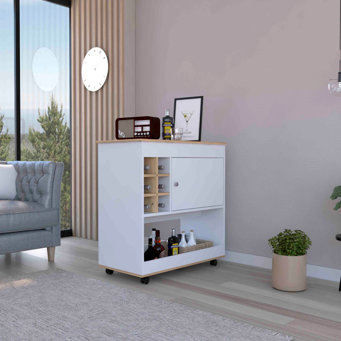 Camelia Bar Cart, Lower Panel, Six Bottle Cubbies, One Cabinet Light Oak White Multicolor Dining Room Modern Rectangular Particle Board Particle Board Medium 40 55In
