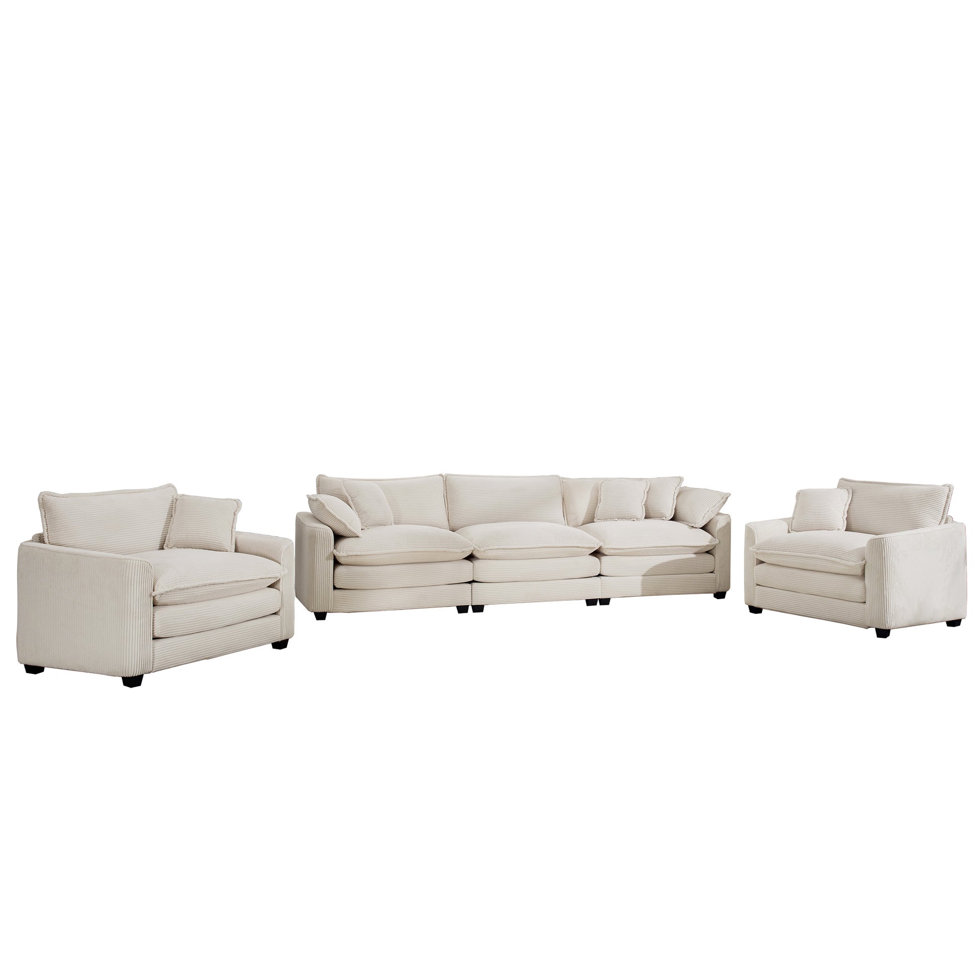 Luxurious And Sophisticated Sofa Set With Soft Cushions And Pillows, 3 Pieces Sofa Set Consisting Of Two Single Sofas And A 3 Seater Sofa In Light Beige Corduroy Fabric Beige Corduroy 5 Seat