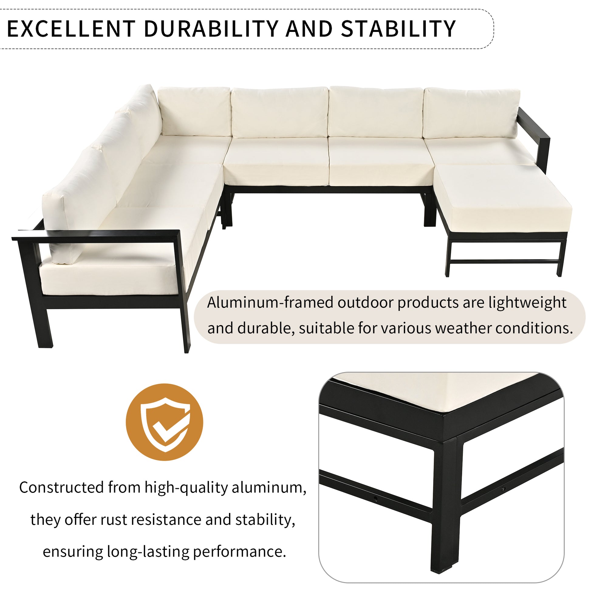 U Shaped Multi Person Outdoor Sofa Set, Suitable For Gardens, Backyards, And Balconies. White Seats 6 Aluminum