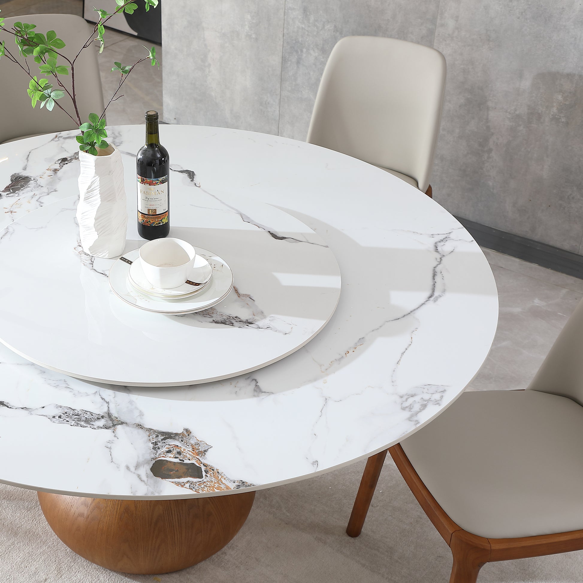 Modern Marble Dining Table, 59" Round Sintered Stone Table For Dining Room, Kitchen, Dinette, Compact Space With Lazy Susan 6 Chairs Walnut,White Dining Room American Design,Luxury,Modern Oak Round