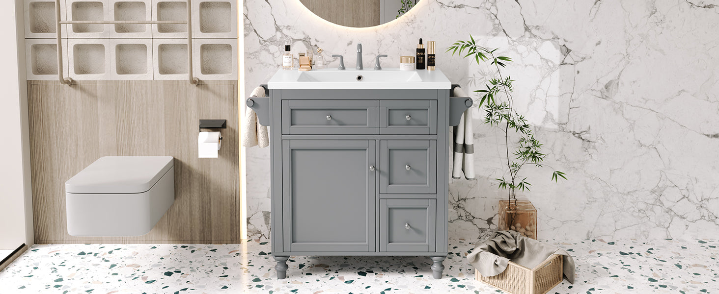 30'' Bathroom Vanity With Top Sink, Modern Bathroom Storage Cabinet With 2 Drawers And A Tip Out Drawer, Single Sink Bathroom Vanity Same As N710S130001E Grey Bathroom Modern Solid Wood Mdf Resin