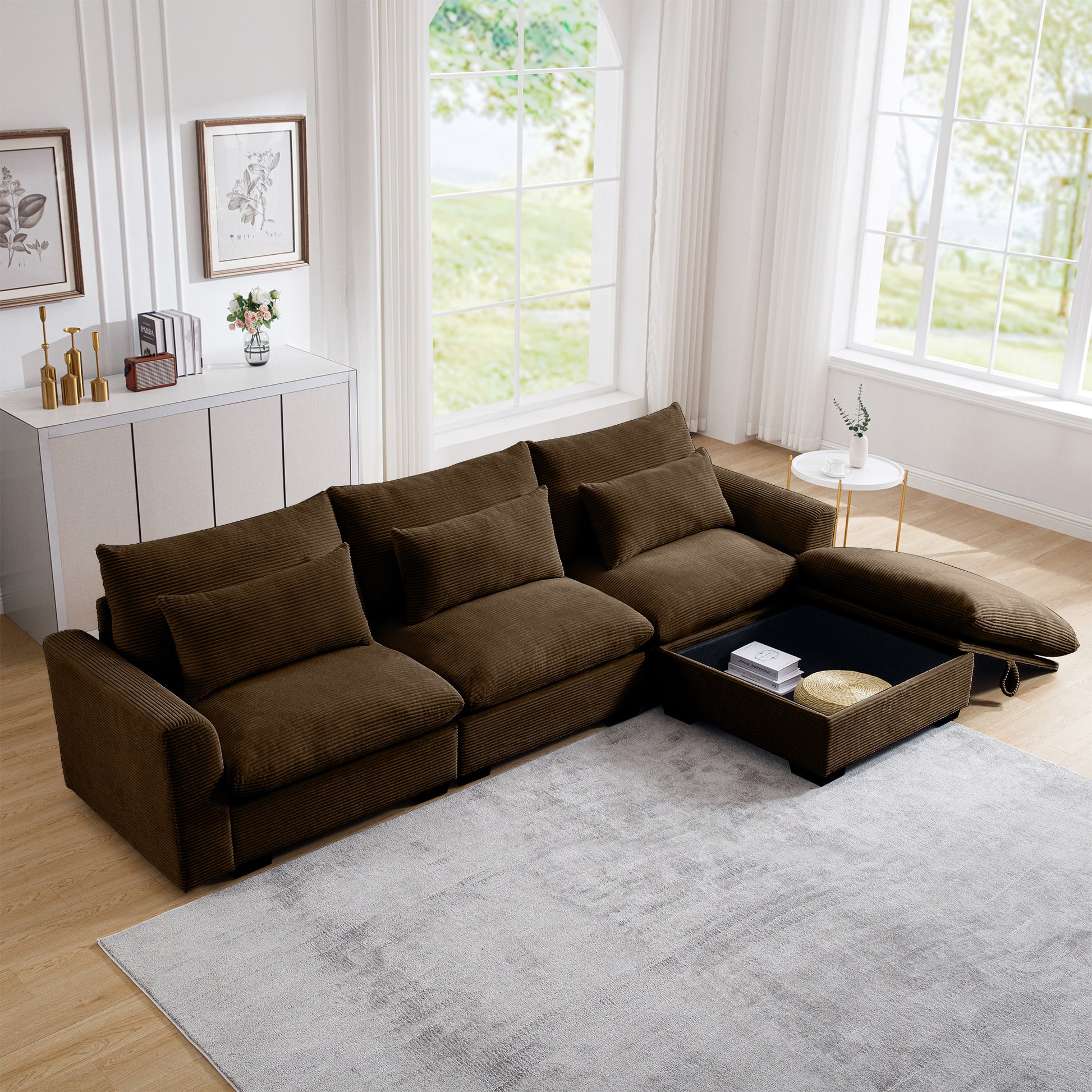 Corduroy Sectional Sofa, L Shaped Couch With Storage Footstool And 3 Pillow, Sectional Couch For Living Room Apartment, Brown Brown Corduroy 3 Seat