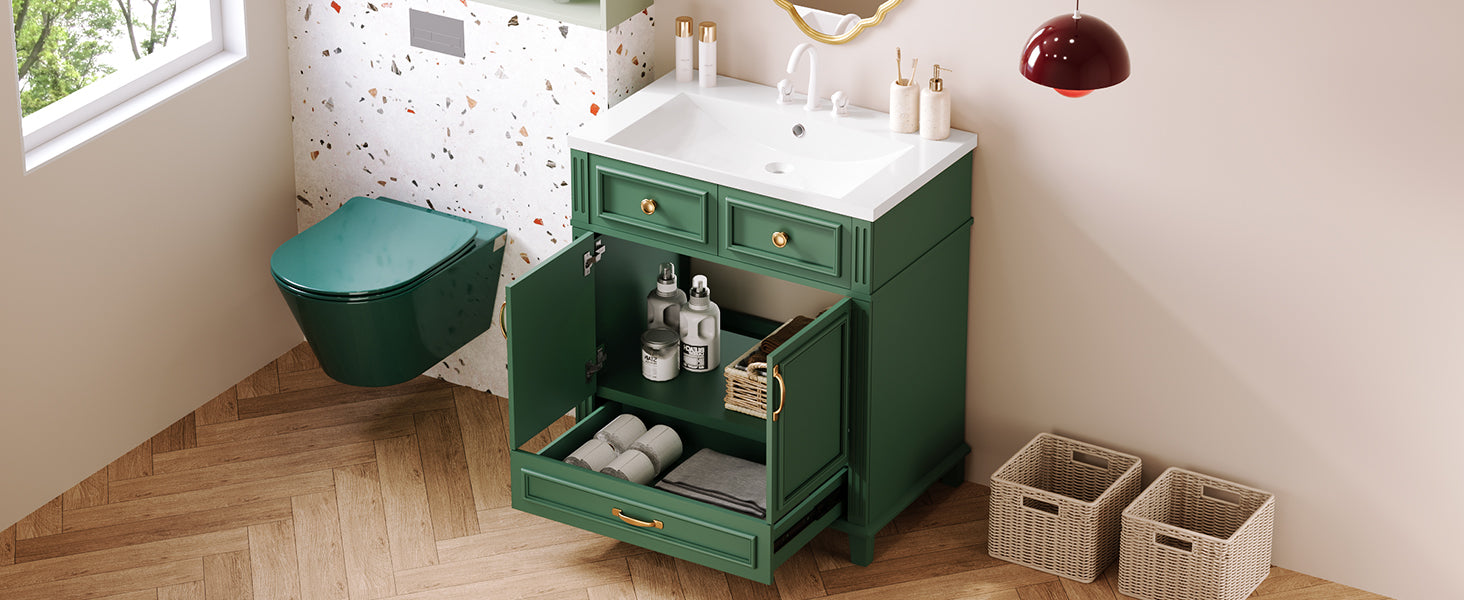 30'' Bathroom Vanity With Resin Sink, Solid Wood Frame Bathroom Storage Cabinet With Soft Closing Doors, Retro Style, Green Same As Sw000118Aaf Green Bathroom Modern Solid Wood Mdf Resin