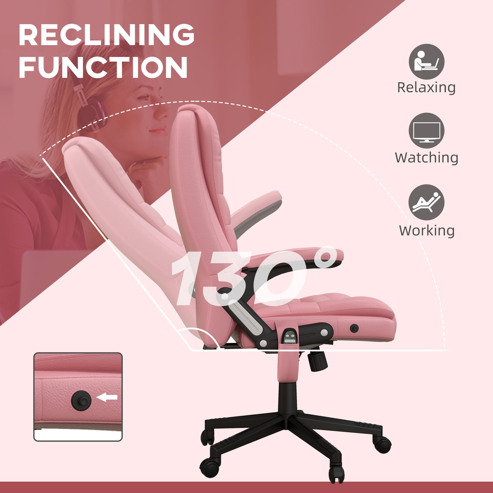 Homcom High Back Vibration Massage Office Chair With 6 Vibration Points, Heated Reclining Pu Leather Computer Chair With Armrest And Remote, Pink Pink Pu