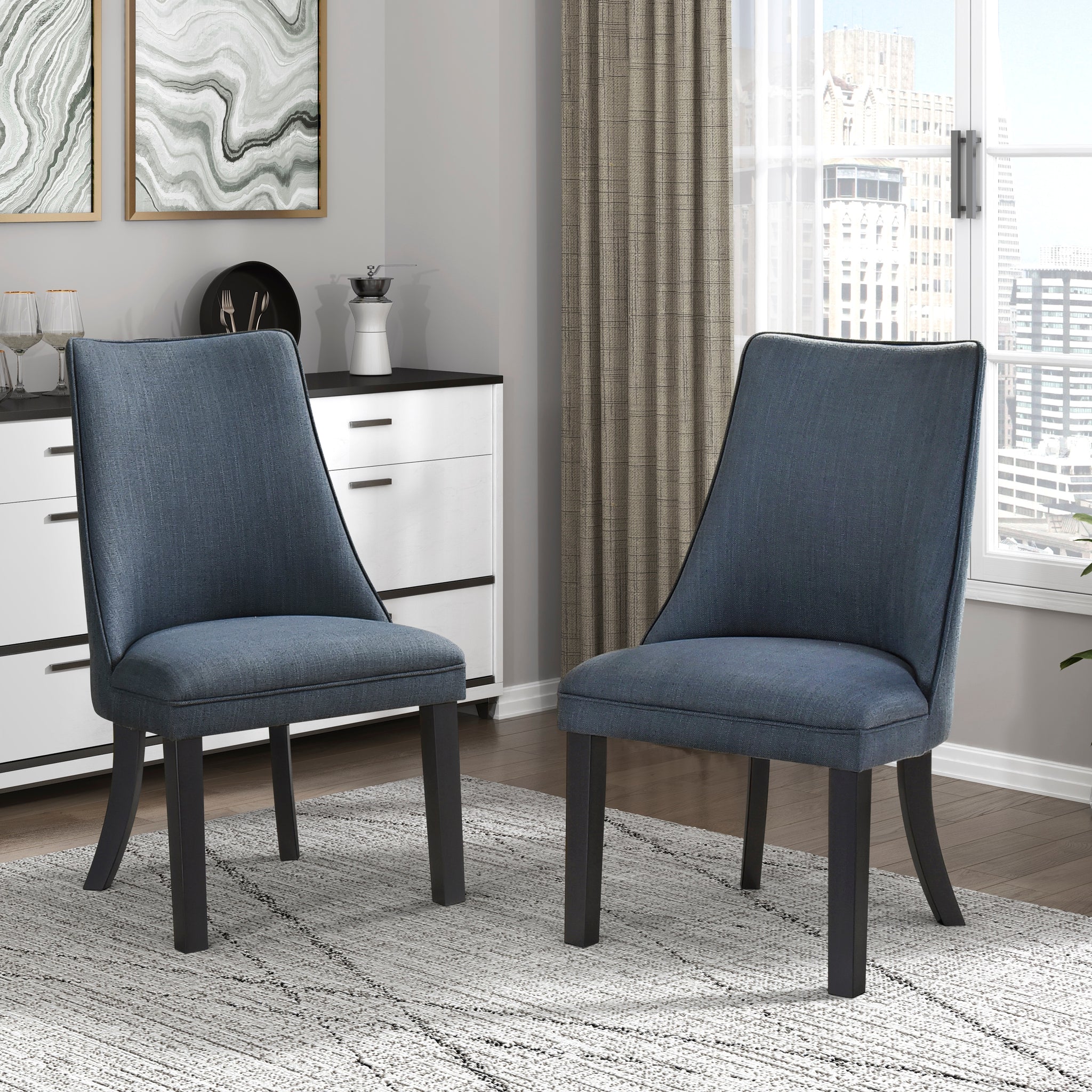 Blue Textured Fabric Upholstered Side Chairs Set Of 2, Dark Walnut Finish Wooden Legs Modern Dining Kitchen Furniture Blue Gray Dining Room Modern Side Chair Wood