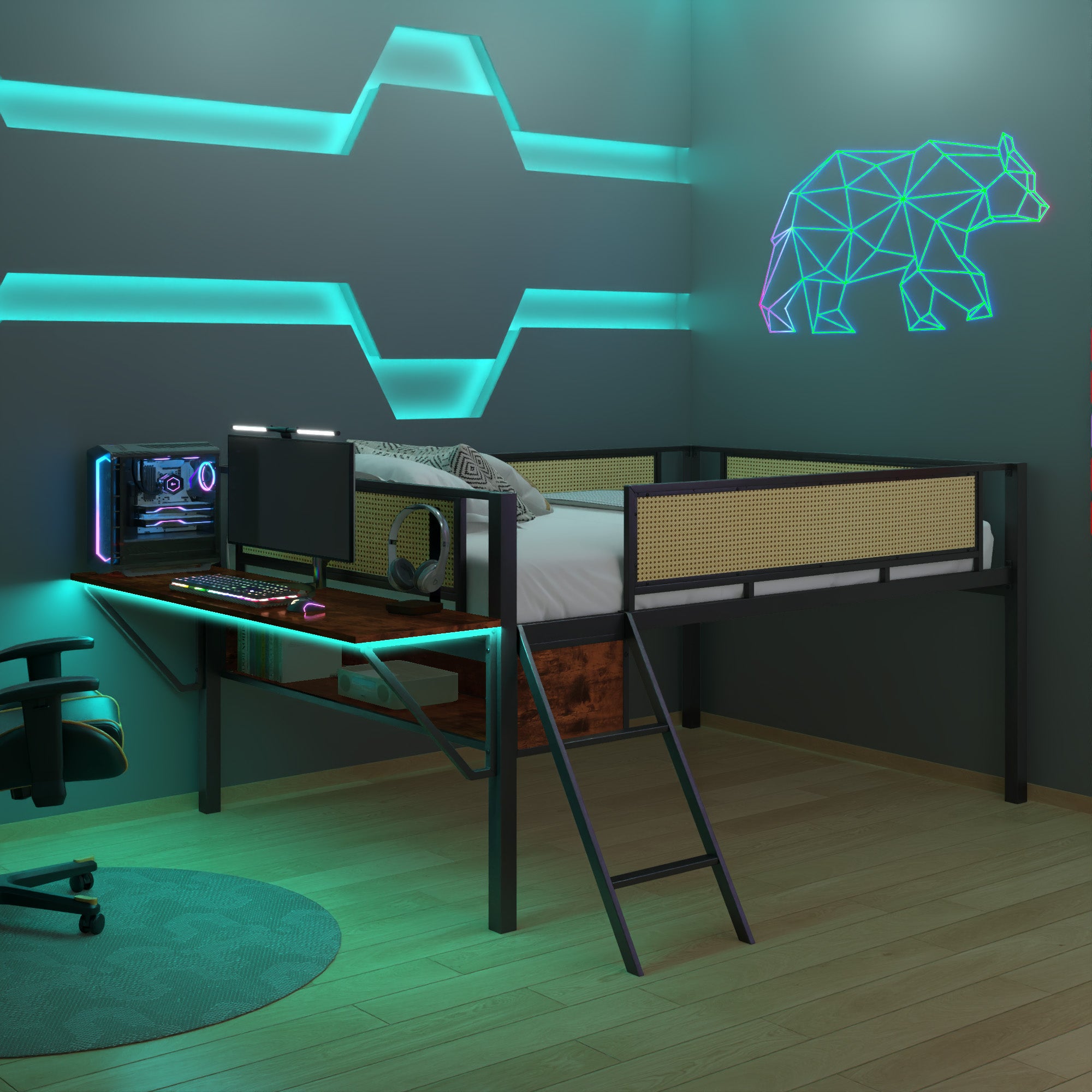 Single Metal Loft Bed With Rectangular Desk, Led Lights, Led Loft Bed Frame Double Bed With Storage Shelves And Hanging Storage Compartments, Safety Guard And Ladder, No Box Springs Required, Rattan G Full Black Brown Mdf Iron