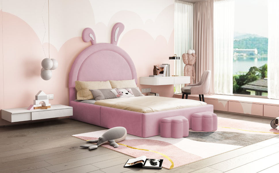Full Size Upholstered Rabbit Shape Bed With 2 Storage Stools, Velvet Platform Bed With Cartoon Ears Shaped Headboard, Pink Full Pink Wood