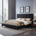 King Size Upholstered Platform Bed Frame With Contemporary Tufted Waffle Stitching, Easy Assembly, Black King Black Fabric