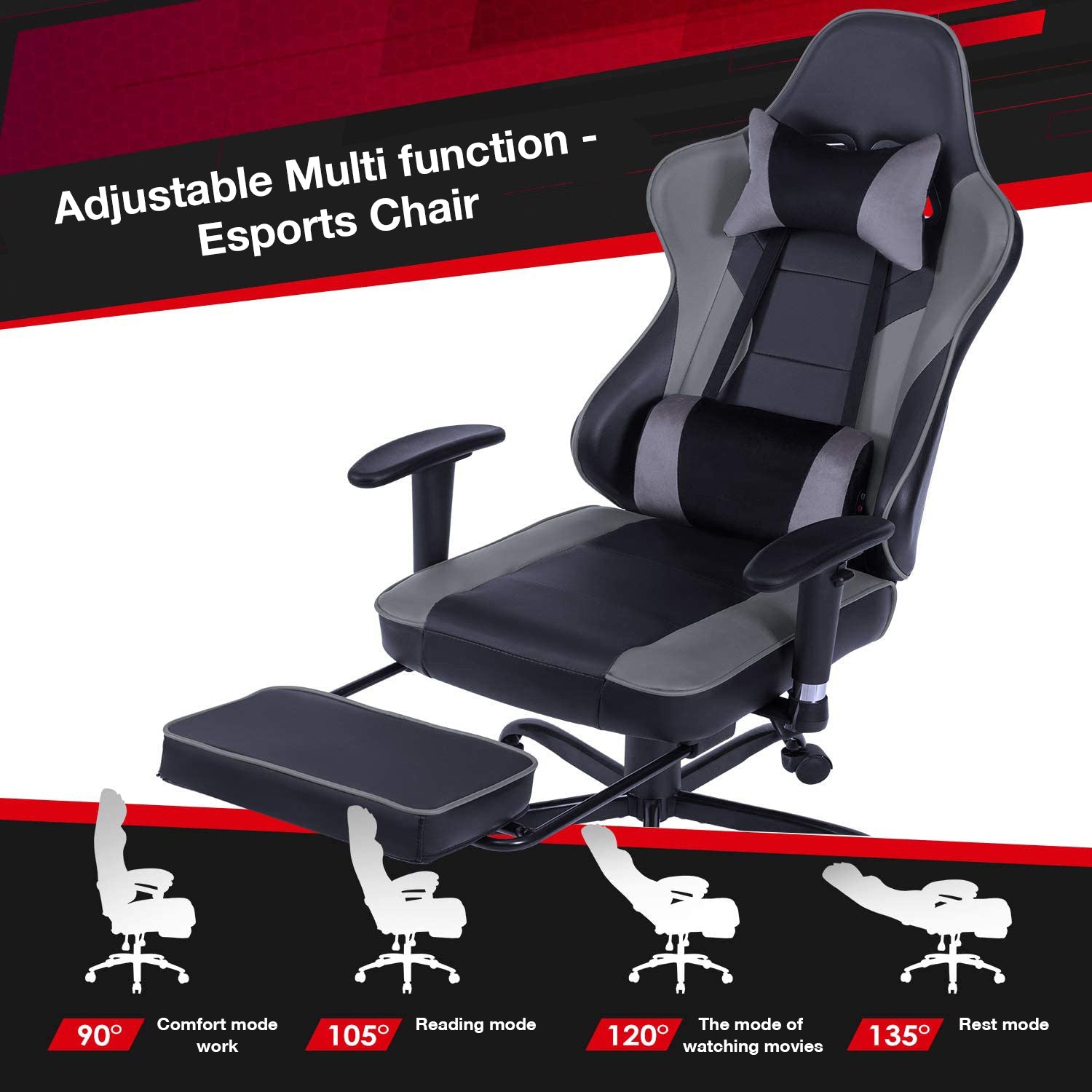 Game Chair, Ergonomiy Designed Computer Chair With Headrest And 2D Armrests, Waist Pillow Electronic Lounge Chair With Vibration Massage Function, Competitive Chair Iron Grey Cotton Leather