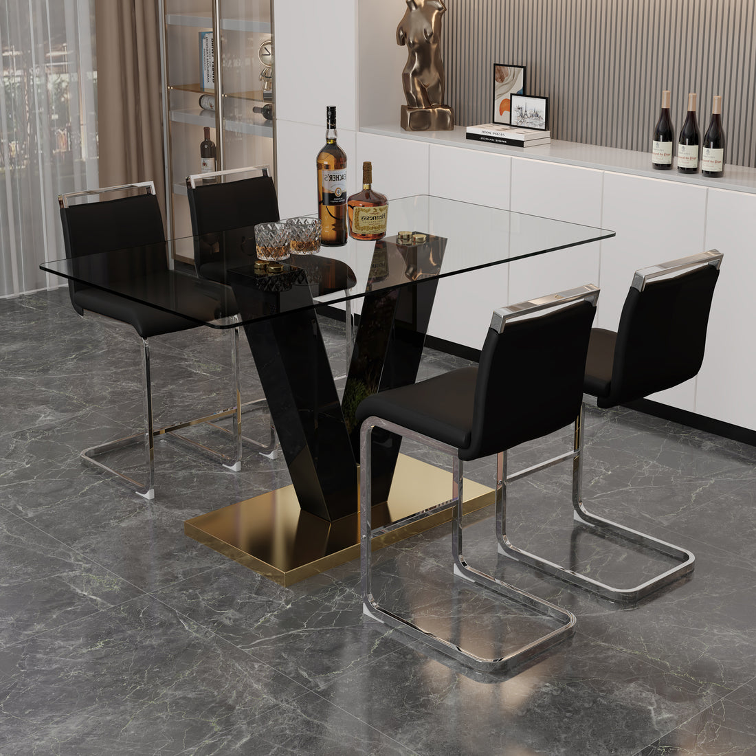 Table And Chair Set. A Rectangular Glass Dining Table With A 0.4 Inch Tempered Glass Tabletop And Mdf Board V Shaped Bracket, Paired With Chairs Consisting Of Pu Seat Cushions And Silver Metal Legs. Black Seats 4 Tempered Glass