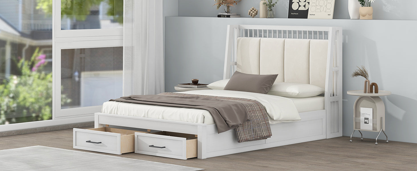 Full Size Wood Platform Bed With Upholstered Headboard And 2 Drawers, White Box Spring Not Required Full White Wood Bed Frame Solid Wood Mdf