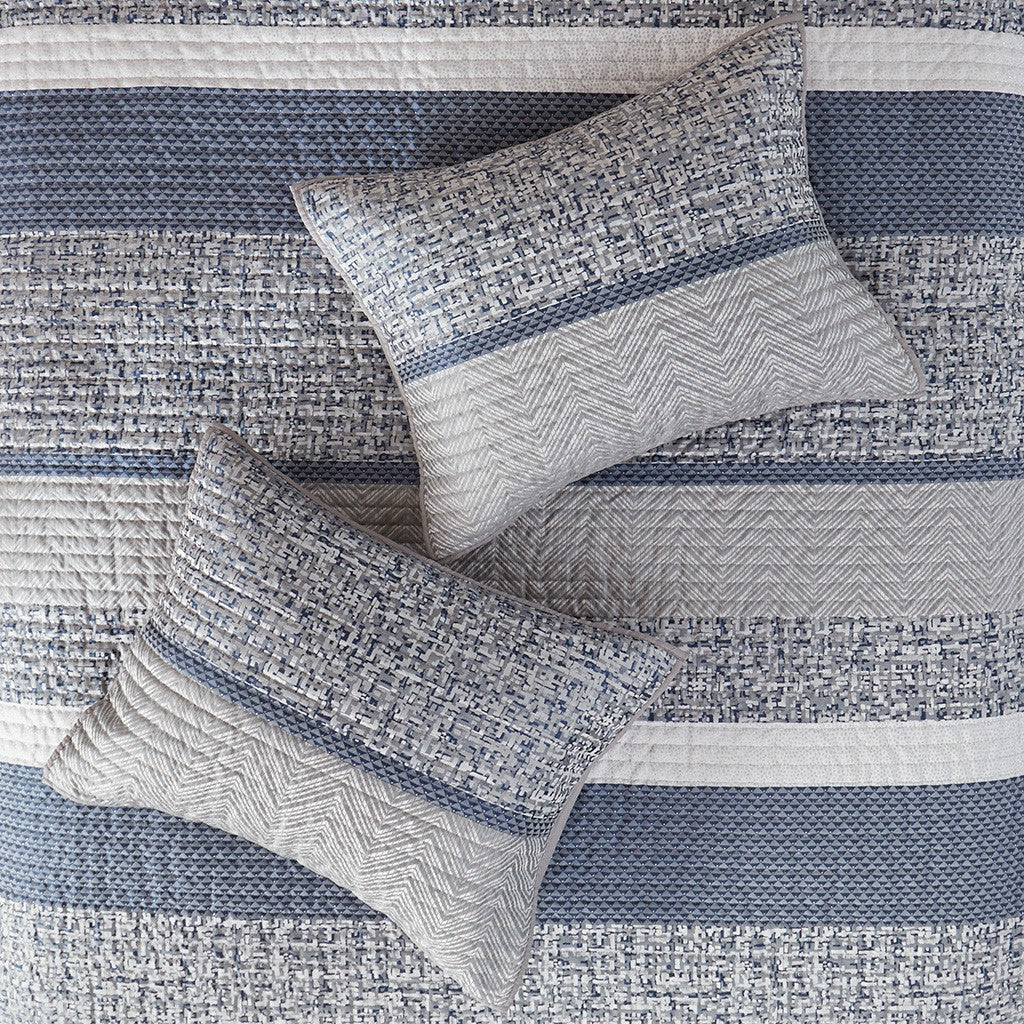 6 Piece Reversible Jacquard Quilt Set With Throw Pillows Navy Full Queen Navy Cotton
