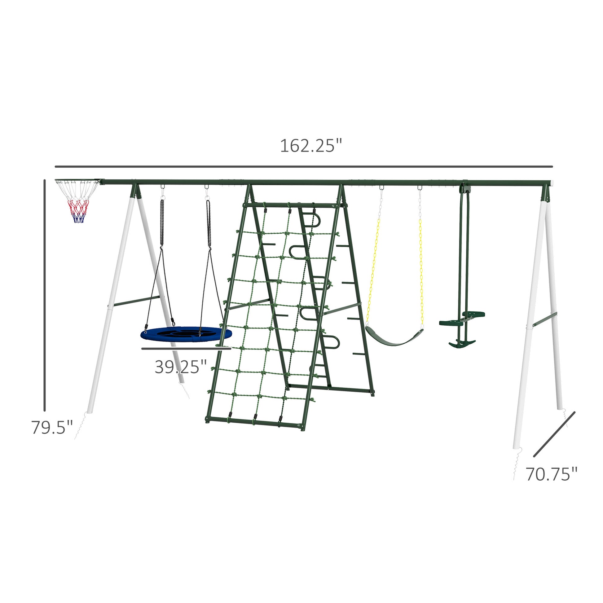 Outsunny 528 Lbs Swing Set For Backyard, 5 In 1 Heavy Duty A Frame Stand Outdoor Playset For Kids, With Saucer Swing, Slide, Swing Seats, Glider, Basketball Hoop, Climbing Steps And Net Green Steel