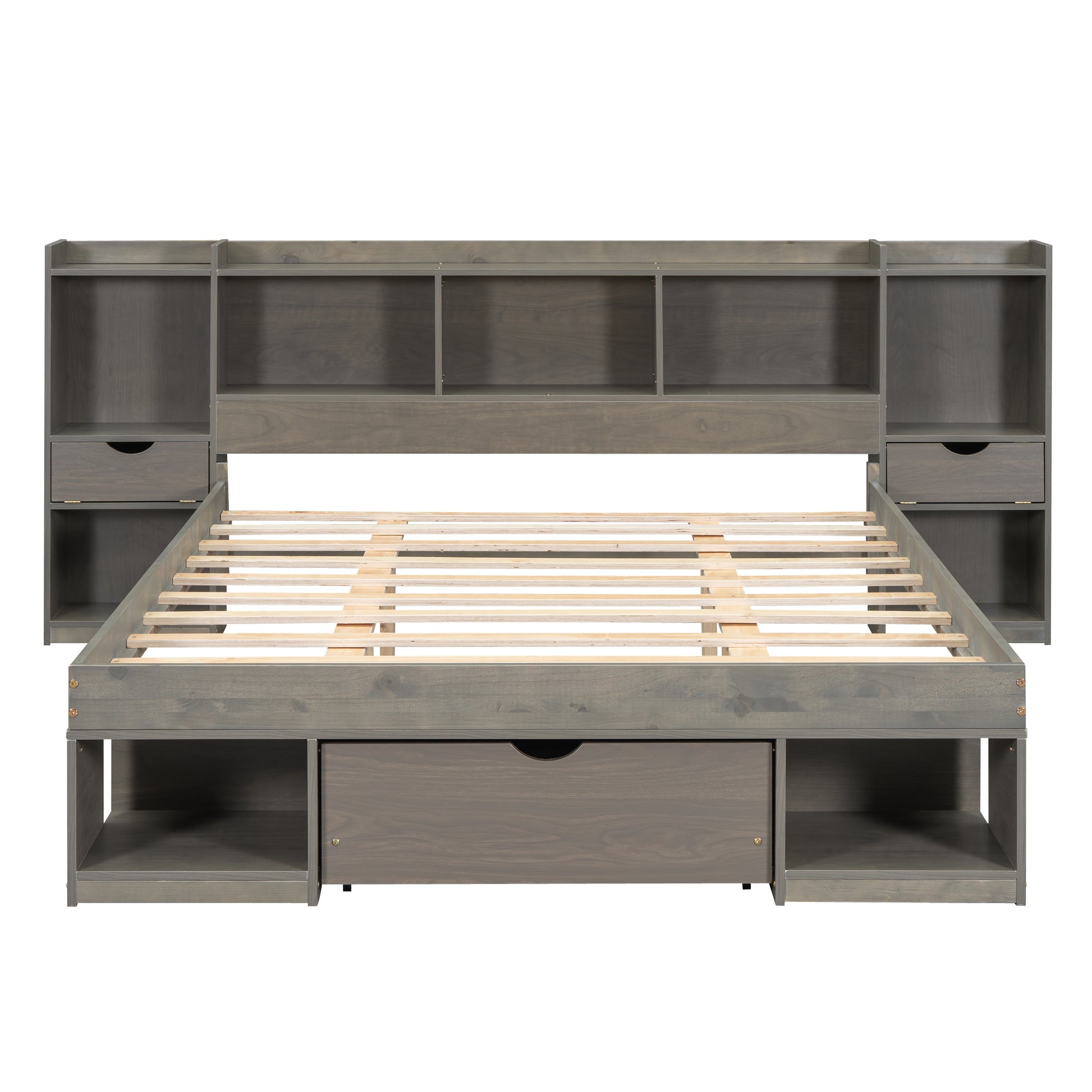 Queen Size Wood Platform Bed With Multi Storage Headboard And A Drawer, Gray Box Spring Not Required Queen Gray Wood Bedroom Bed Frame Solid Wood Mdf