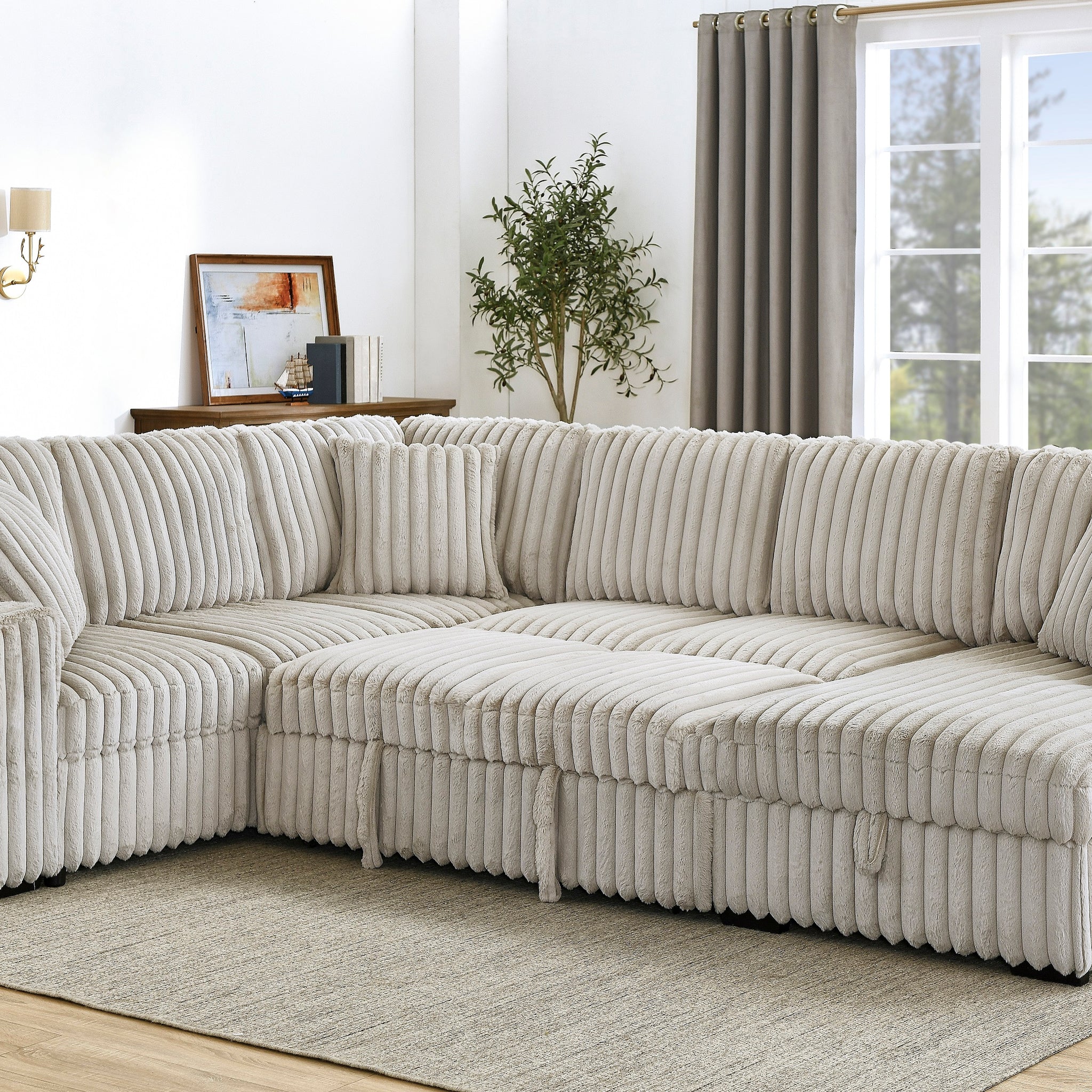 122 Inch Pull Out Couch, Rabbit Plush Fabric Sofa Bed With Usb Ports & Comfy Upholstered, Oversized U Shape Sectional Sleeper Sofa Bed With Storage Chaise, Khaki Light Brown Wood Primary Living Space Medium Duty Eucalyptus 6 Seat Khaki Polyester Soft