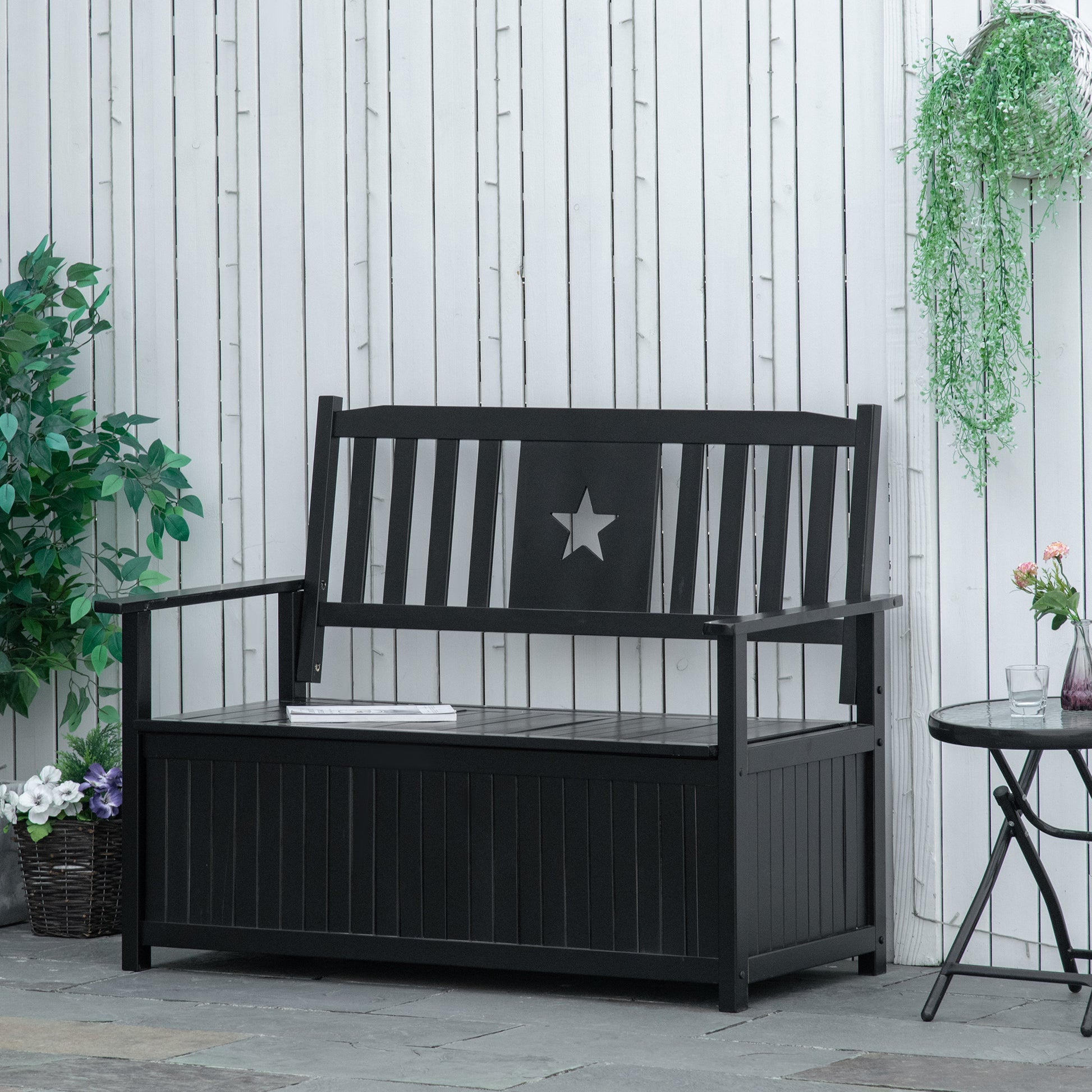 Outsunny Outdoor Storage Bench, 43 Gallon Deck Box With Armrests, Outdoor Storage Box For Patio Furniture Cushions And Garden Tools, Black Black Wood