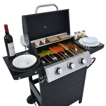 Propane Gas Grill 4 Burner Barbecue Grill, Stainless Steel 34,000 Btu Patio Garden Barbecue Grill With Two Shelves, Lid, Wheels And Bottle Opener Black Iron