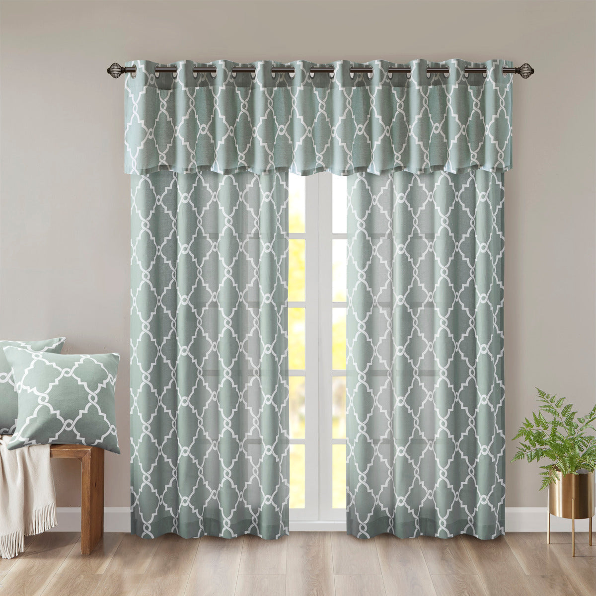 Fretwork Print Grommet Top Window Valance Seafoam White 50X18" Seafoam White Polyester
