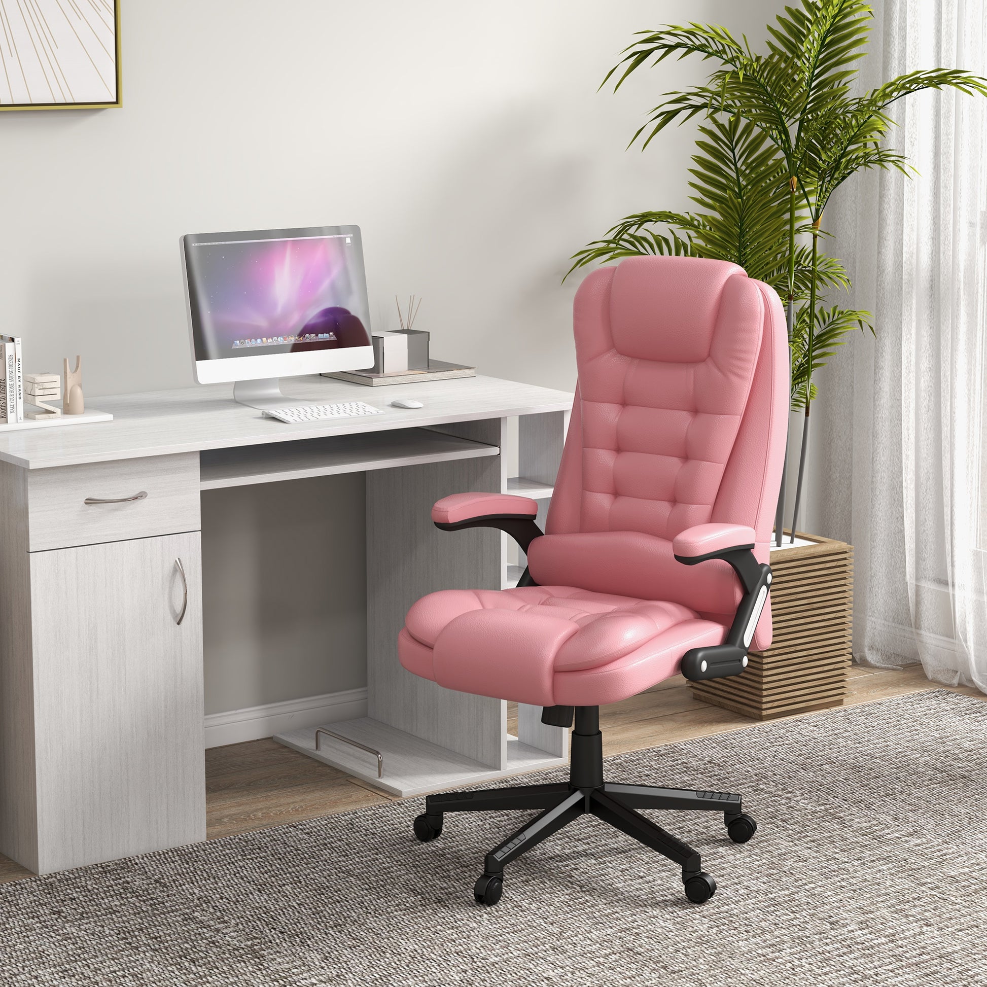 Homcom High Back Vibration Massage Office Chair With 6 Vibration Points, Heated Reclining Pu Leather Computer Chair With Armrest And Remote, Pink Pink Pu