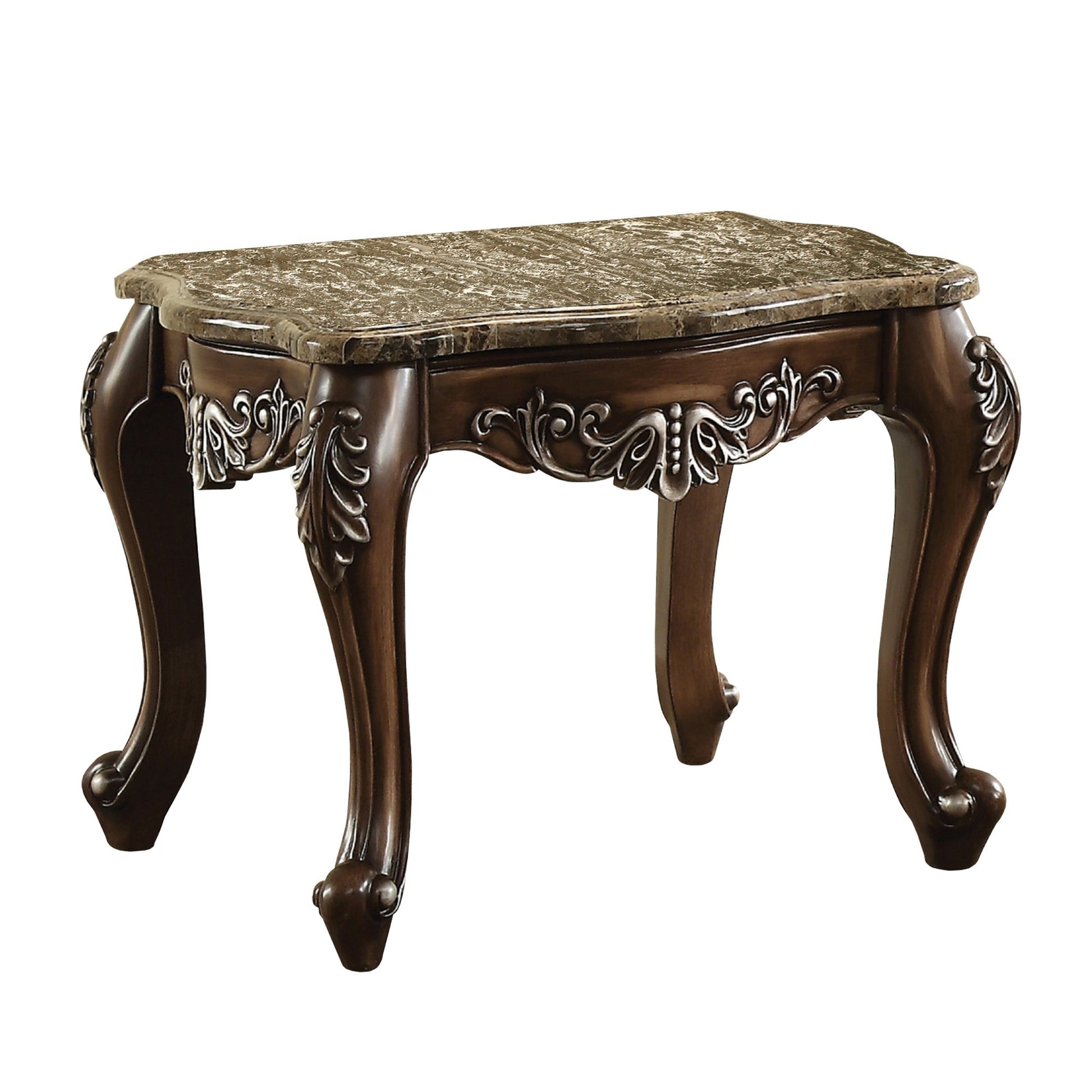 Wooden End Table With Marble Top In Antique Oak Brown Brown Wood