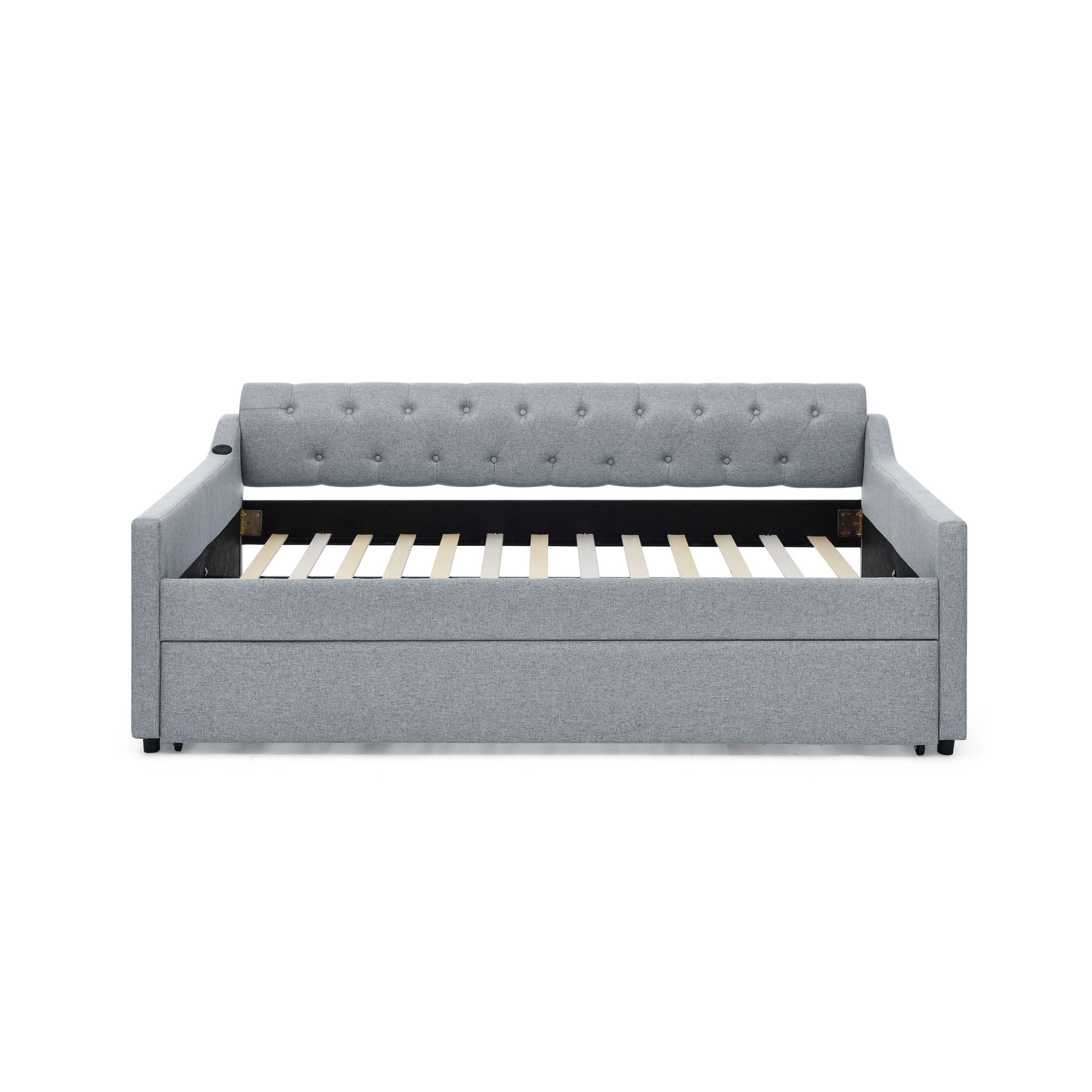 Full Size Upholstery Daybed With Twin Size Erectable Trundle And Usb Charging Design, Linen Grey Box Spring Not Required Full Grey Linen Linen