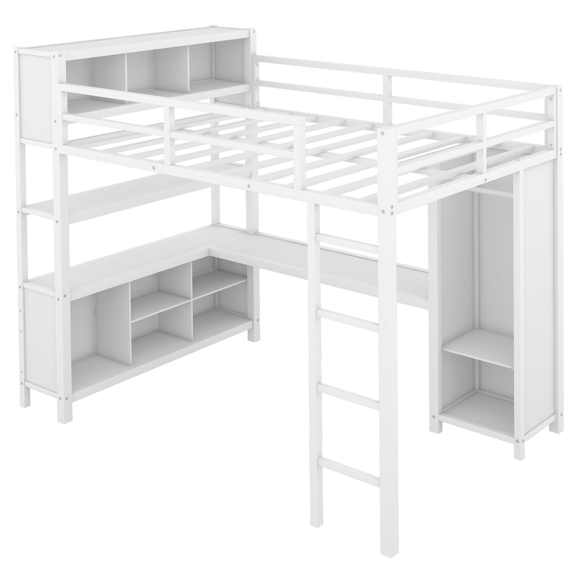 Metal Loft Bed With Wardrobe And L Shaped Desk, Full Size Loft Bed With Storage Cubes And Shelves, Heavy Duty Loft Bed For Kids Teens Adults, White Pre Sale Date: August 10Th Full Off White Metal