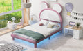 Full Size Upholstered Platform Bed With Cartoon Ears Shaped Headboard And Led, White&Pink Box Spring Not Required Full White Pink Bedroom Bed Frame Faux Leather Upholstered