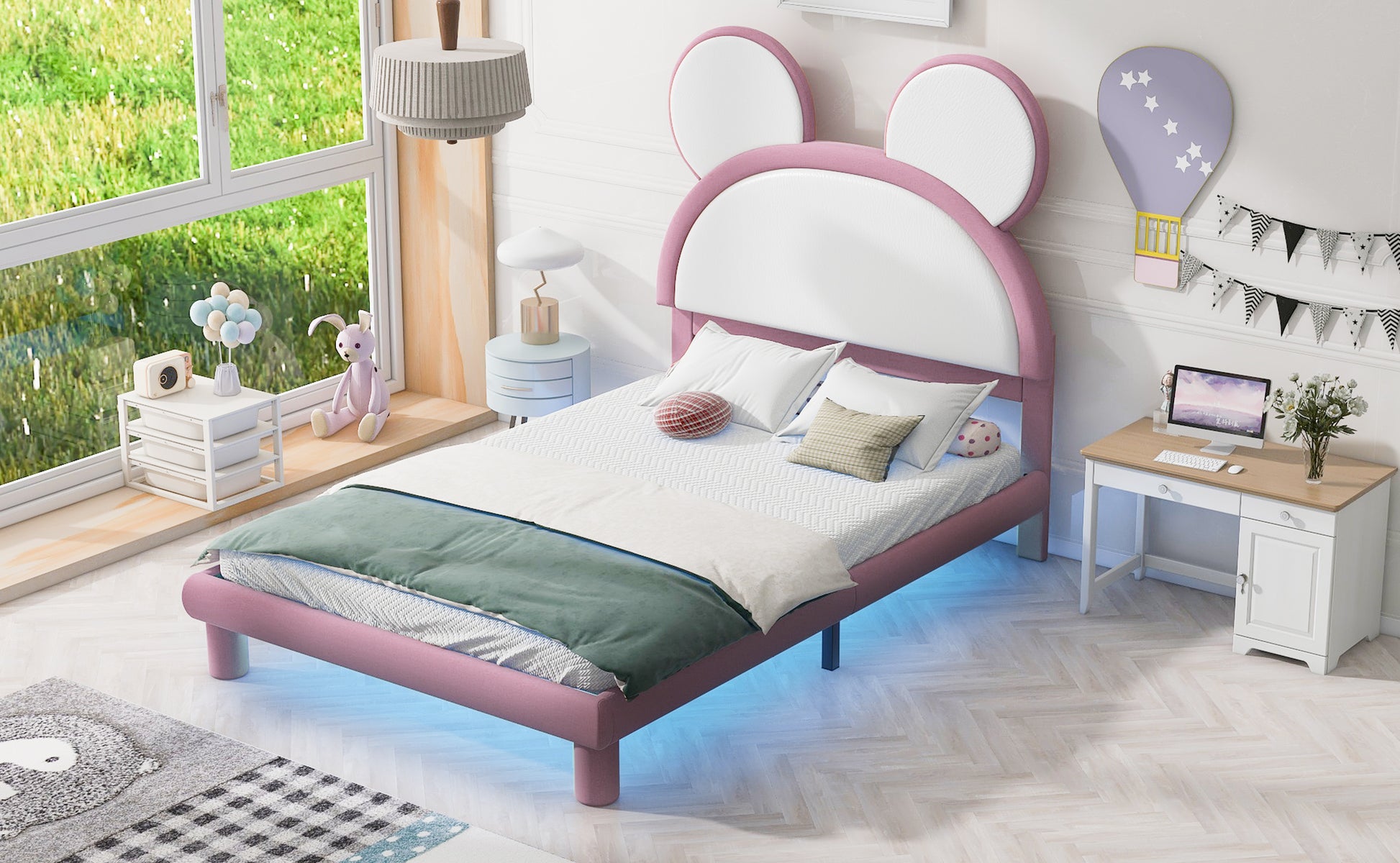 Full Size Upholstered Platform Bed With Cartoon Ears Shaped Headboard And Led, White&Pink Box Spring Not Required Full White Pink Bedroom Bed Frame Faux Leather Upholstered