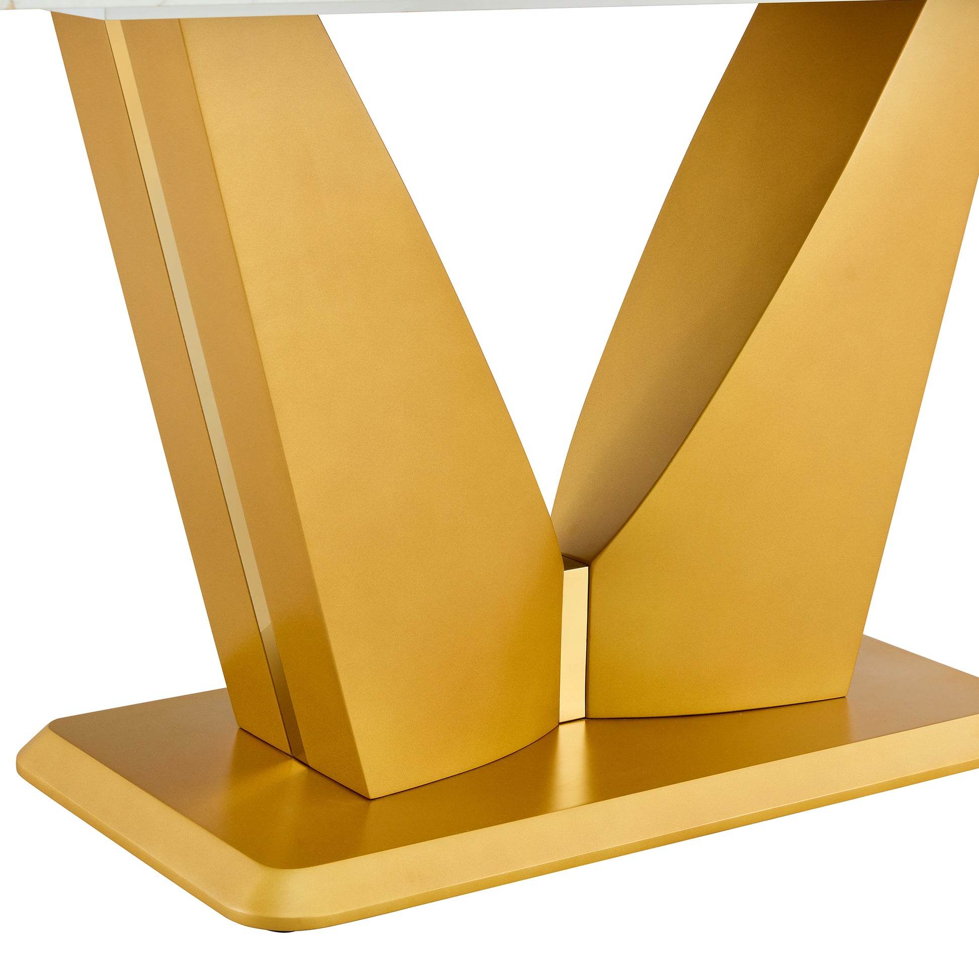 Modern Minimalist Rectangular Dining Table, 0.4 "Thick, Imitation Marble Patterned Glass Tabletop, Gold Mdf Legs. "71" * 35.4" *30" Gold Mdf Glass