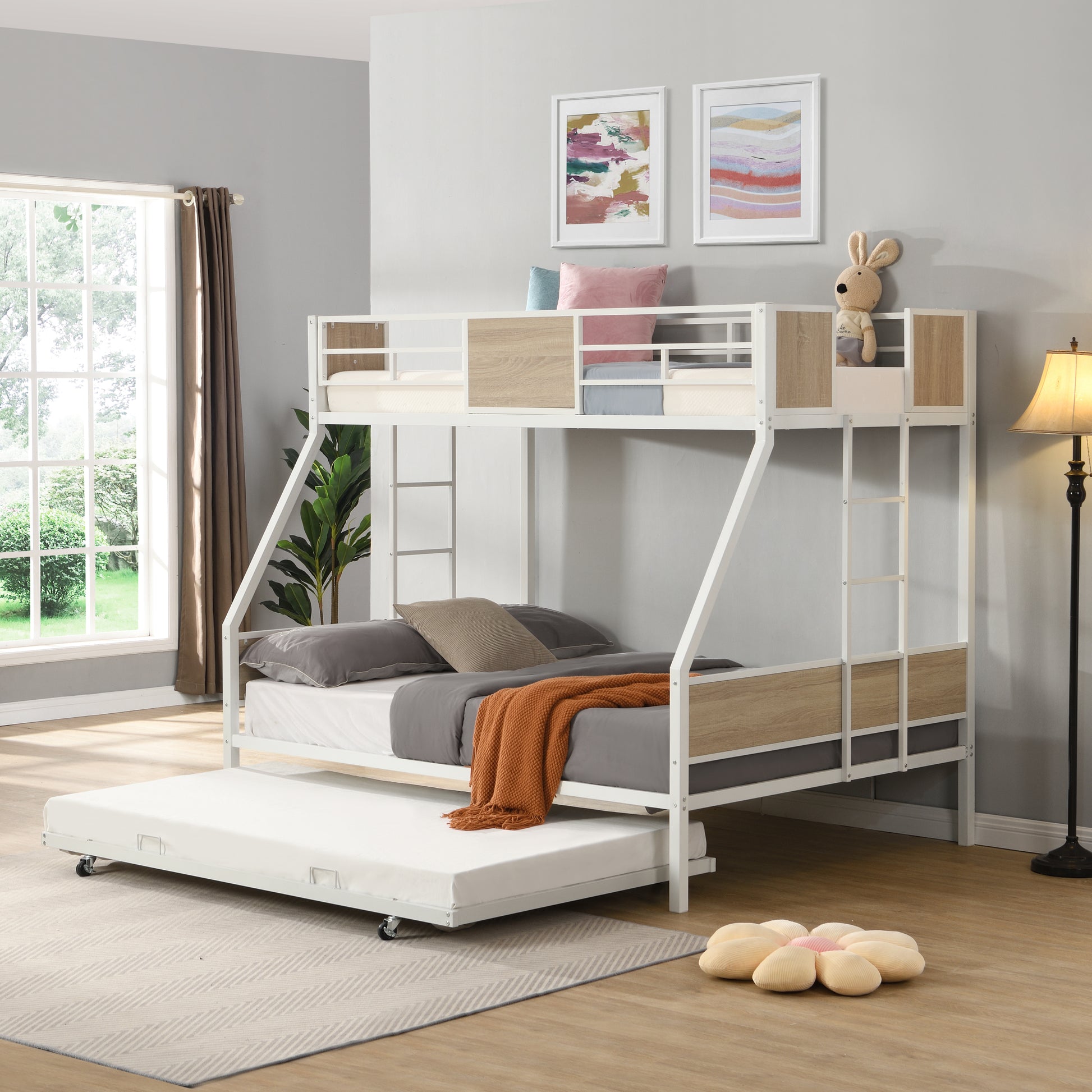 Twin Over Full Metal Bunk Bed With Trundle 2 Side Ladder And Full Length Guardrail, No Box Spring Needed, Large Under Bed Storage, Easy Assemble Full Brown White Mdf Metal