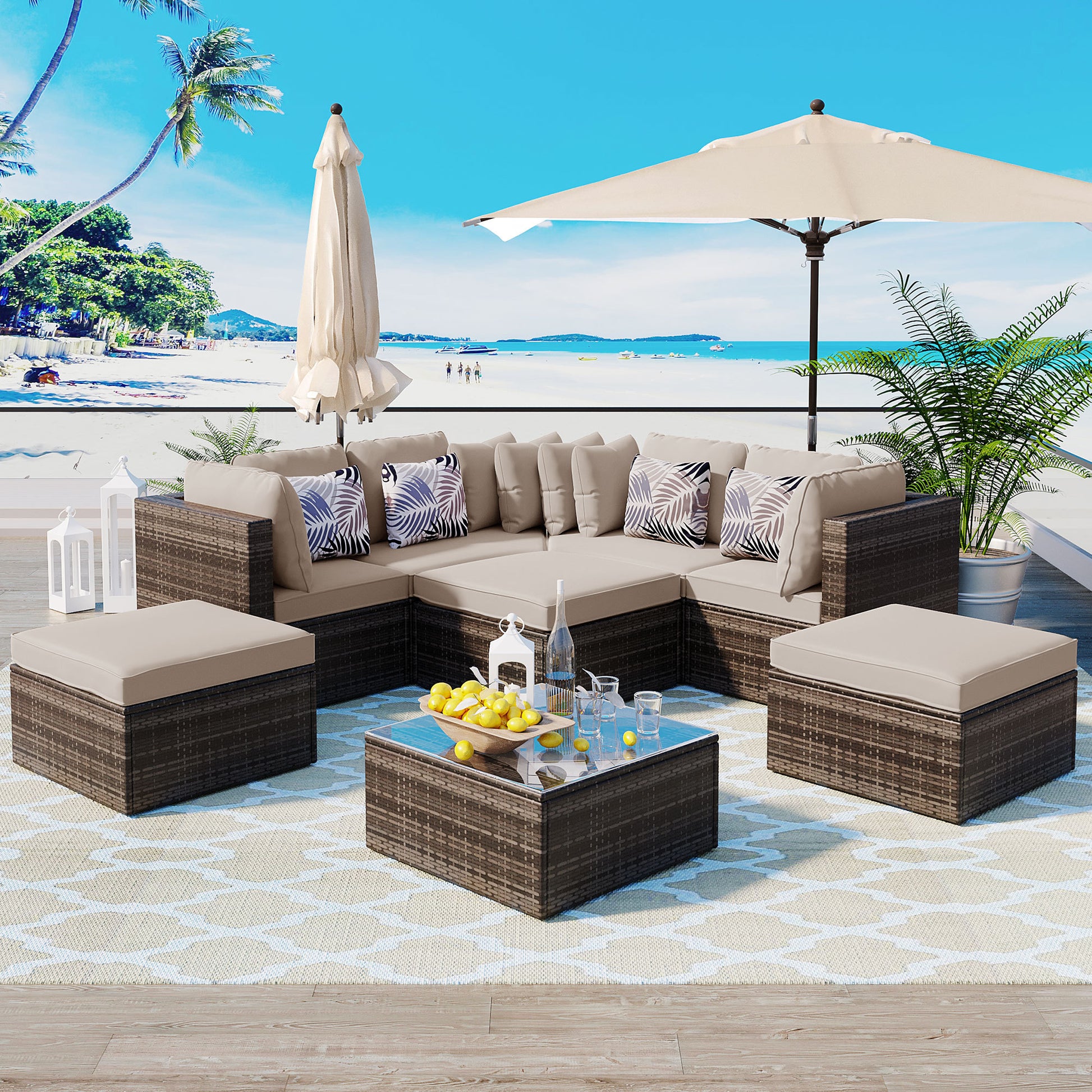 8 Piece Outdoor Wicker Sofa Set, Rattan Sofa Lounger, With Colorful Pillows, Conversation Sofa, For Patio, Garden, Deck, Brown Wicker, Beige Cushion Yes Brown Garden & Outdoor Complete Patio Sets Foam Wicker