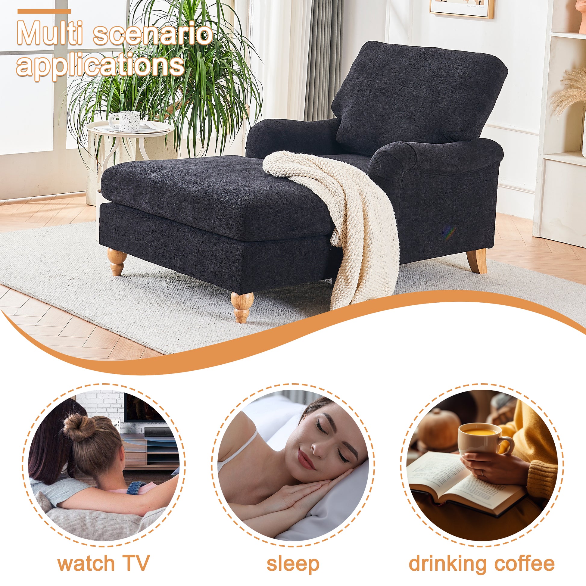 Modern Mid Century Indoor Oversized Chaise Lounger Comfort Sleeper Sofa With Soild Wood Legs Black Foam 1 Seat