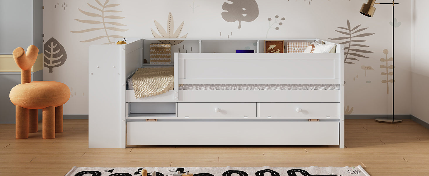 Multi Functional Twin Daybed With Drawers And Trundle, Headboard Storage And Tables, Usb Charging Station, White Box Spring Not Required Twin White Wood Daybeds Pine