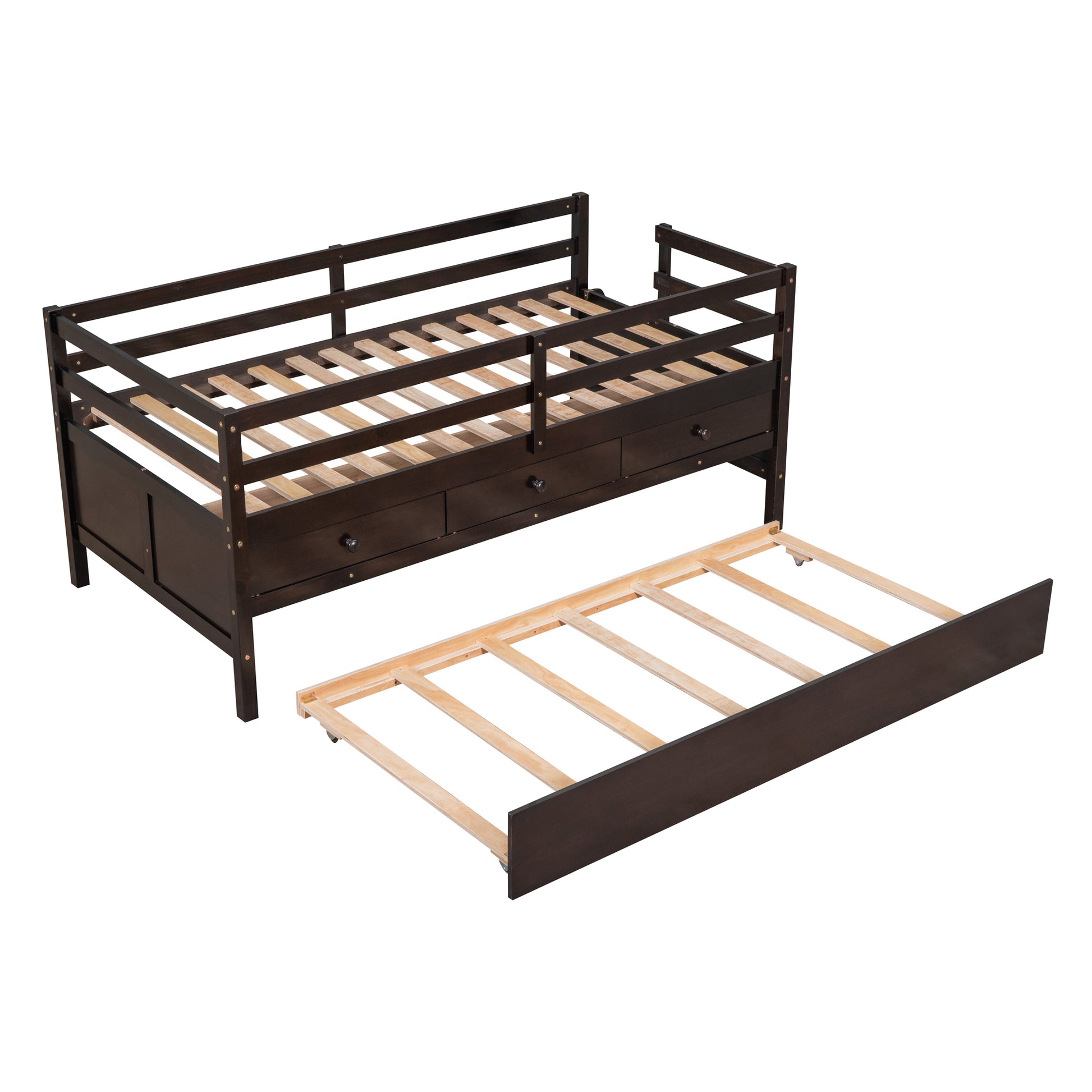 Low Loft Bed Twin Size With Full Safety Fence, Climbing Ladder, Storage Drawers And Trundle Espresso Solid Wood Bed Espresso Solid Wood