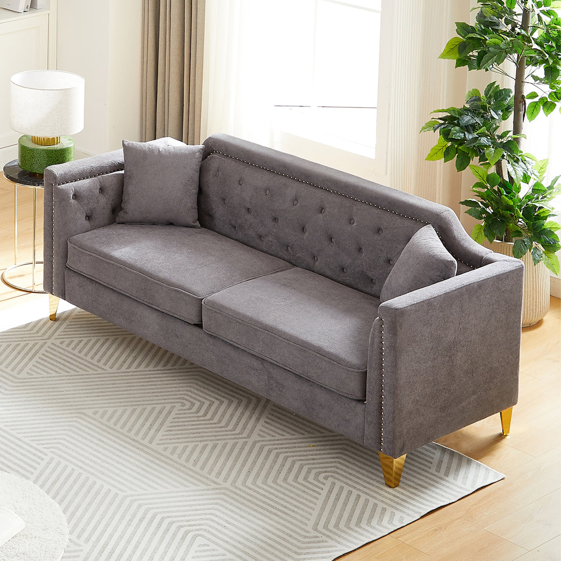 Fx 81"Mid Century Design Modern Sofa,Chenille Pull Buckle Design Sofa For Living Room,Buttons Tufted With Copper Nail Decoration Armrest, With 2 Pillows,Modern Couch Upholstered Button And Metal Leg Grey Chenille Pine Foam Fabric 3 Seat