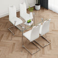 Modern Simple Rectangular Glass Dining Table, Solid Tempered Glass Tabletop, Electroplated Table Legs, White Pu Dining Chair Set, Suitable For Restaurant Kitchen Use Set Of 5 Upholstered Chair Glass White Pu Seats 4 Metal Rectangular Dining Table With