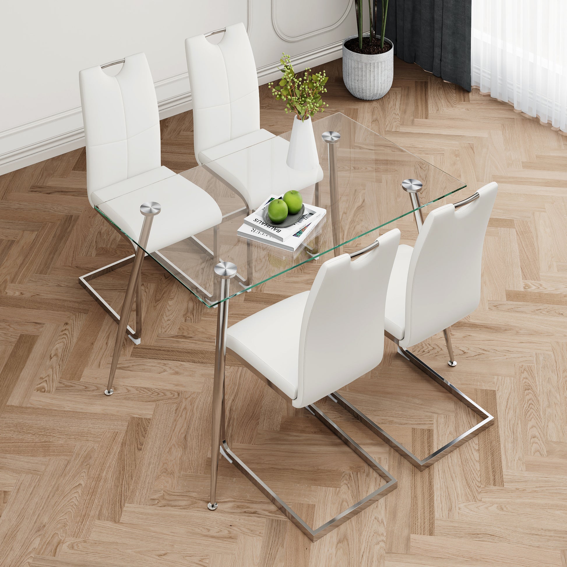 Modern Simple Rectangular Glass Dining Table, Solid Tempered Glass Tabletop, Electroplated Table Legs, White Pu Dining Chair Set, Suitable For Restaurant Kitchen Use Set Of 5 Upholstered Chair Glass White Pu Seats 4 Metal Rectangular Dining Table With