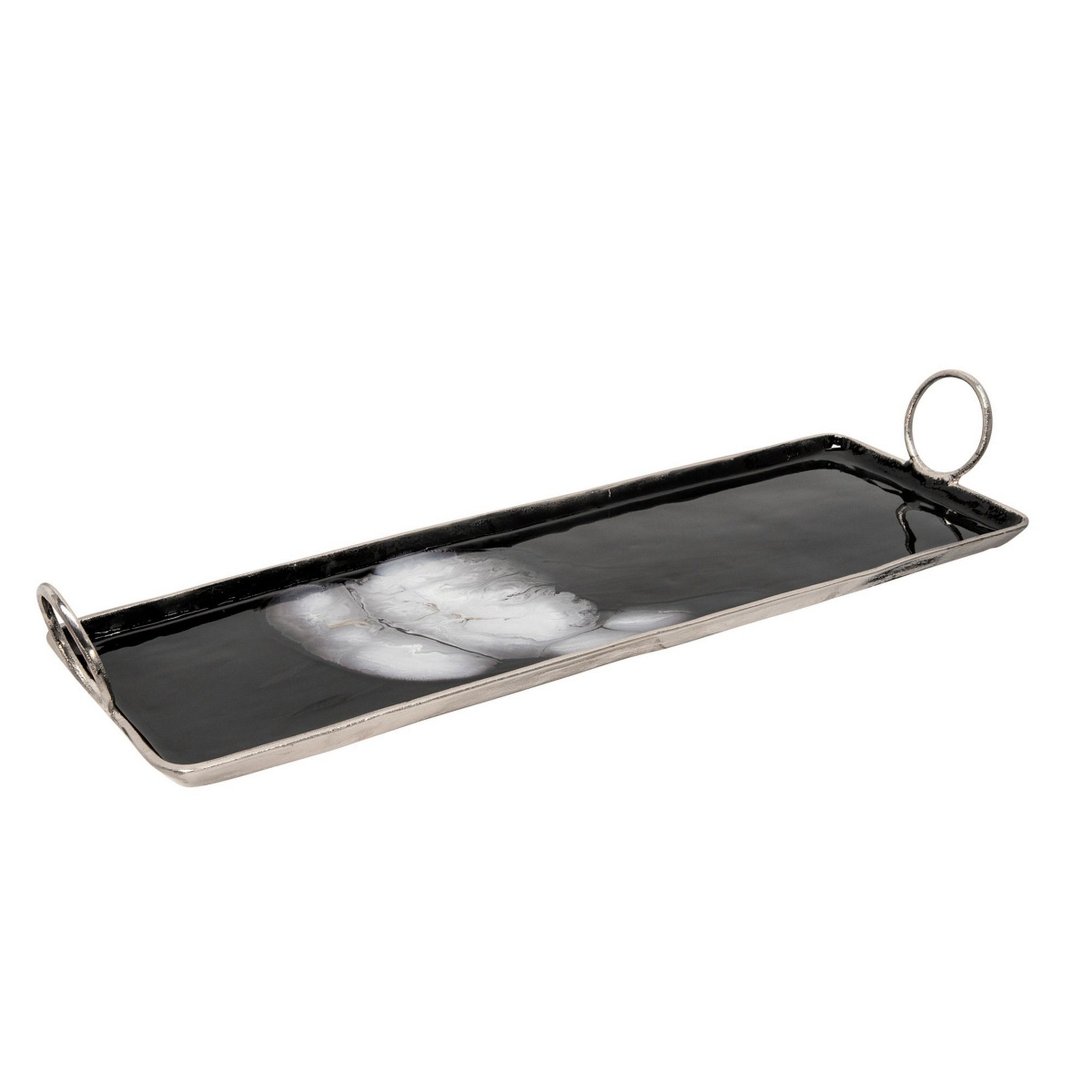 Tray With Metal And Ring Handles, Black And Silver Black Silver Metal