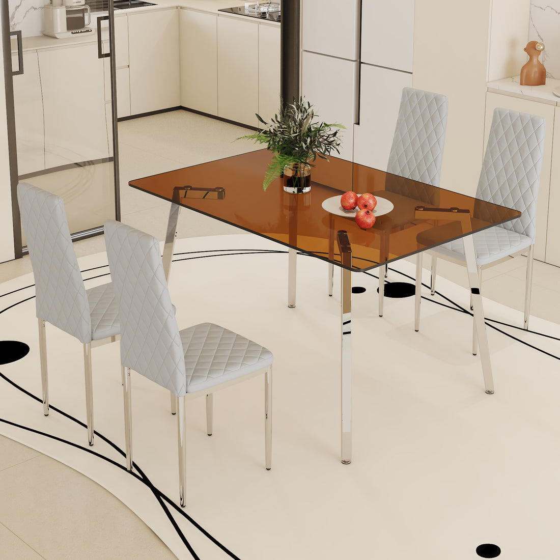 Table And Chair Set.Large Modern Rectangular Table With Brown Glass Top And Silver Metal Legs. Paired With 4 Light Gray Chairs With Checkered Armless High Back Pu Cushion And Silver Metal Legs. Light Gray,Silver Seats 4 Glass Metal
