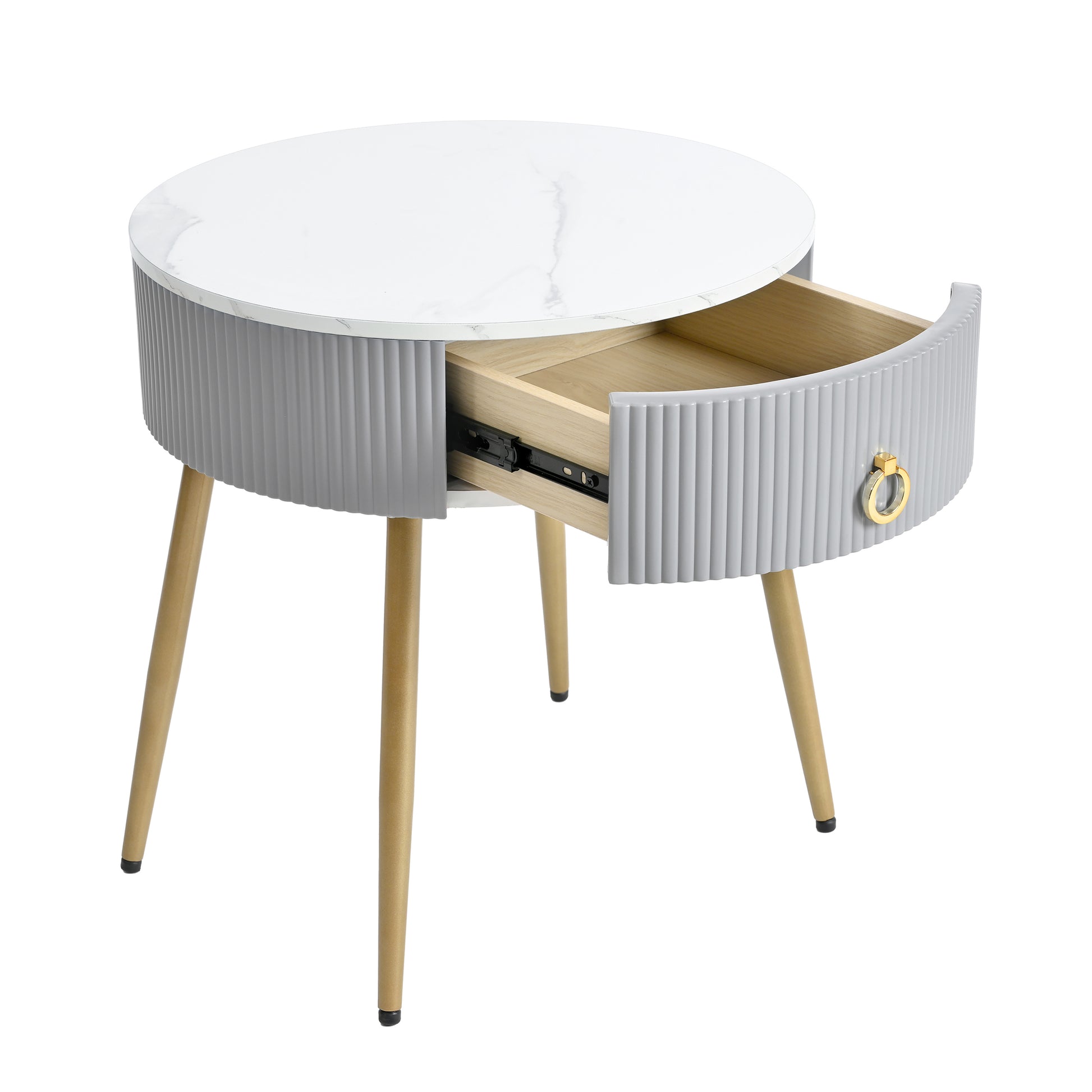 19.6'' Easy Assembly End Tables With High Gloss Faux Marble Tabletops, Set Of 2, Modern Fluted 2 Side Tables With Drawers, Round Coffee Tables With Golden Legs For Living Room, Grey Grey Gold Primary Living Space Drawers Round Mdf Iron