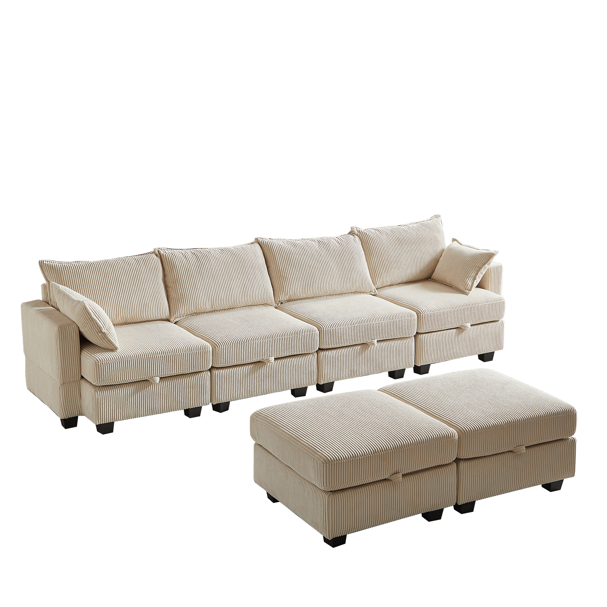 113.5'' Modular Sectiona Corduroy Sofa, Sectional Couches For Living Room U Shaped Sectional Couch With Storage Ottoman, 6 Seats Convertible Sectionals With Chaise Beige Corduroy 3 Seat