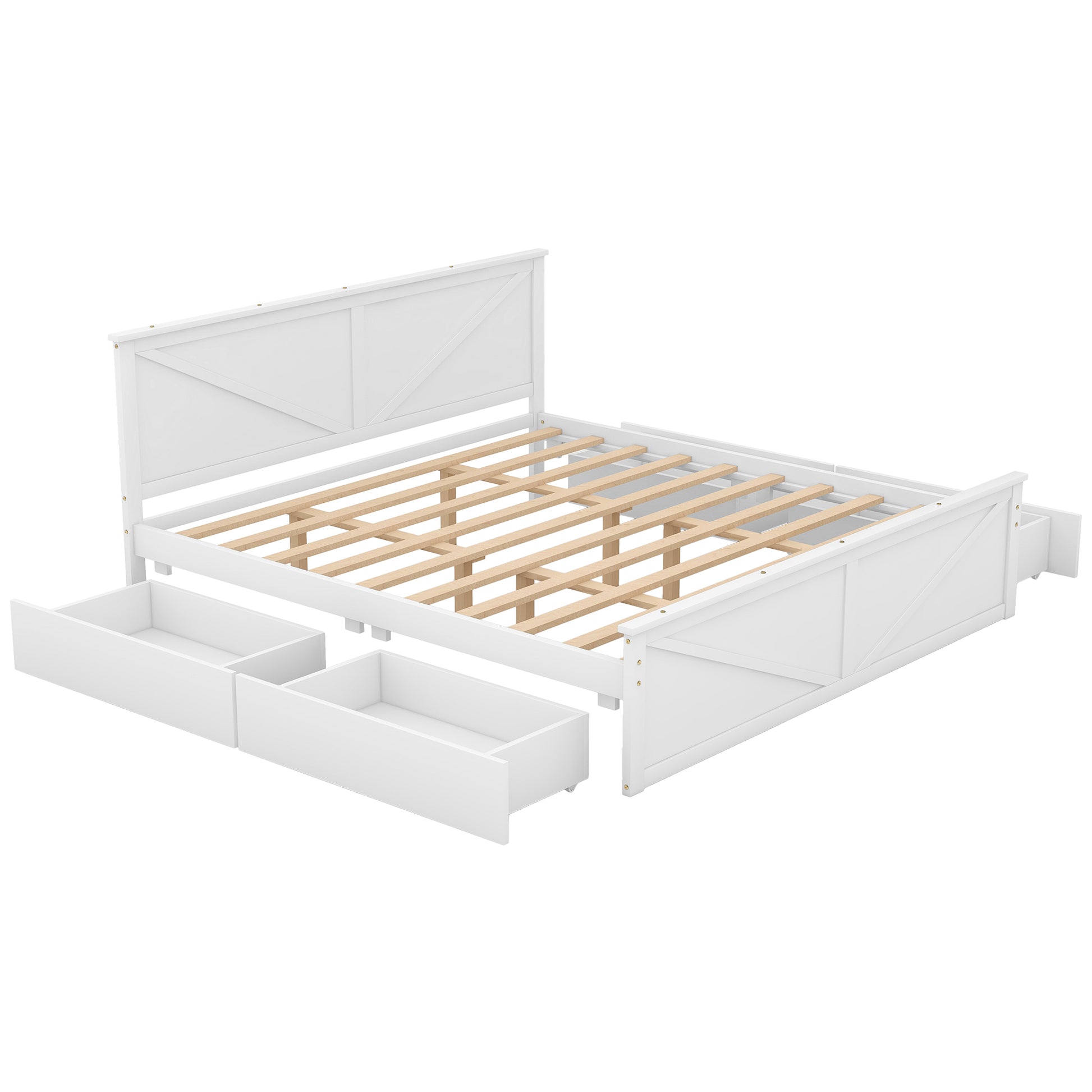 King Size Wooden Platform Bed With Four Storage Drawers And Support Legs, White King White Pine