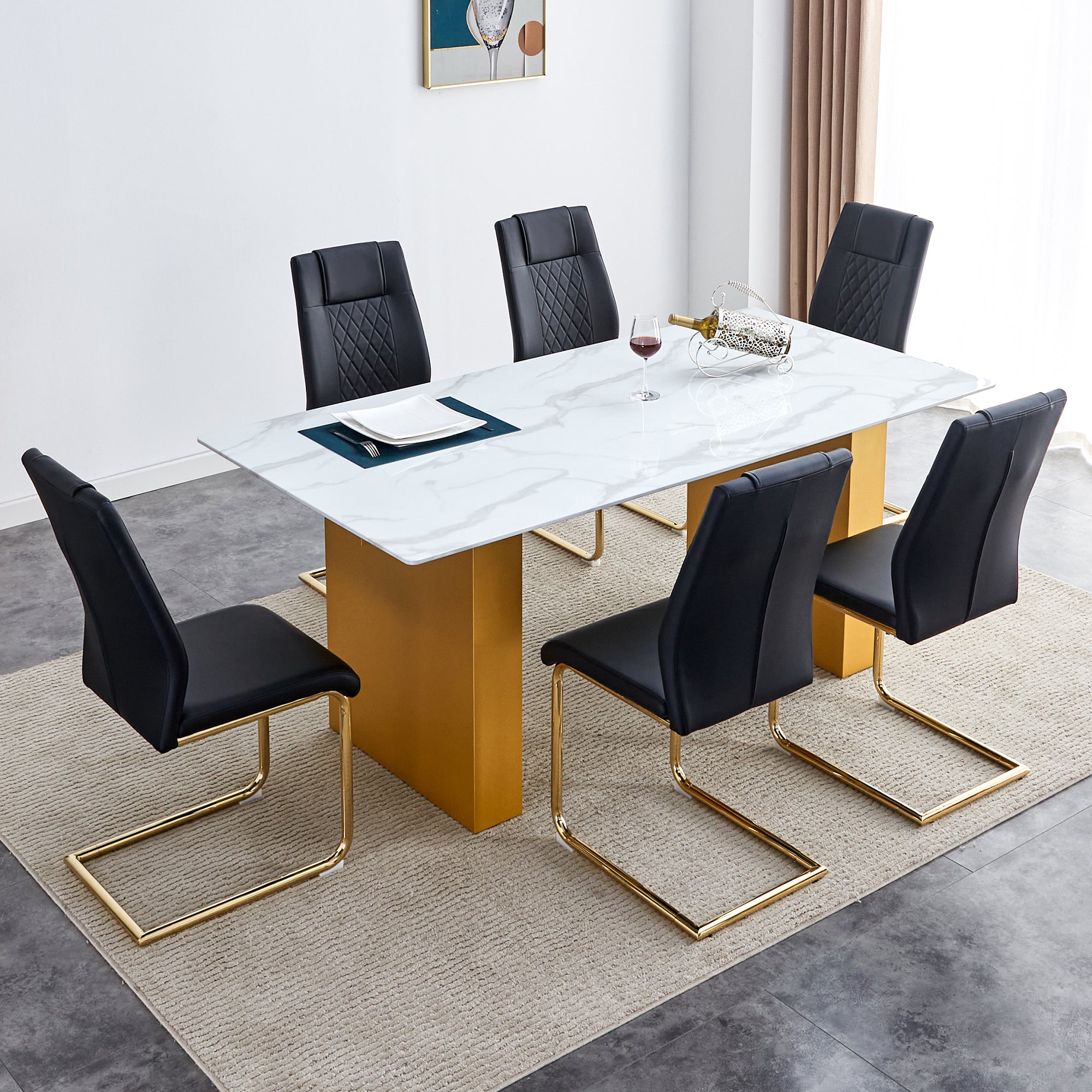 Table And Chair Set.Large Modern Rectangular Table With 0.4 Inch Patterned Glass Tabletop And Large Mdf Table Legs.Comes With 6 Chairs With Faux Leather Cushioned Seats And Golden Metal Legs. Gold White Seats 6 Mdf Glass