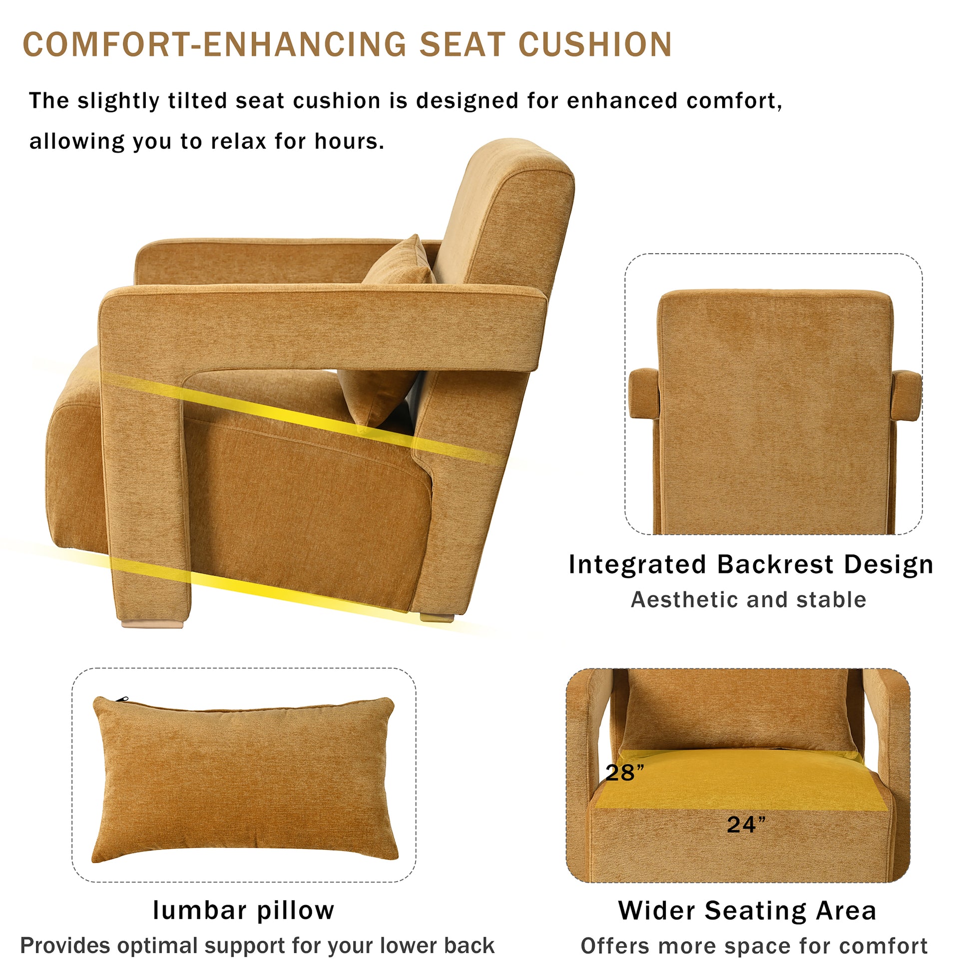 Mirod Sleek Right Angle Armrests, Ergonomic Lumbar Support, Square Wooden Block Legs, Inclined Seat For Comfort, Artistic Statement Piece For Living Room,Bedroom And Study Yellow Chenille