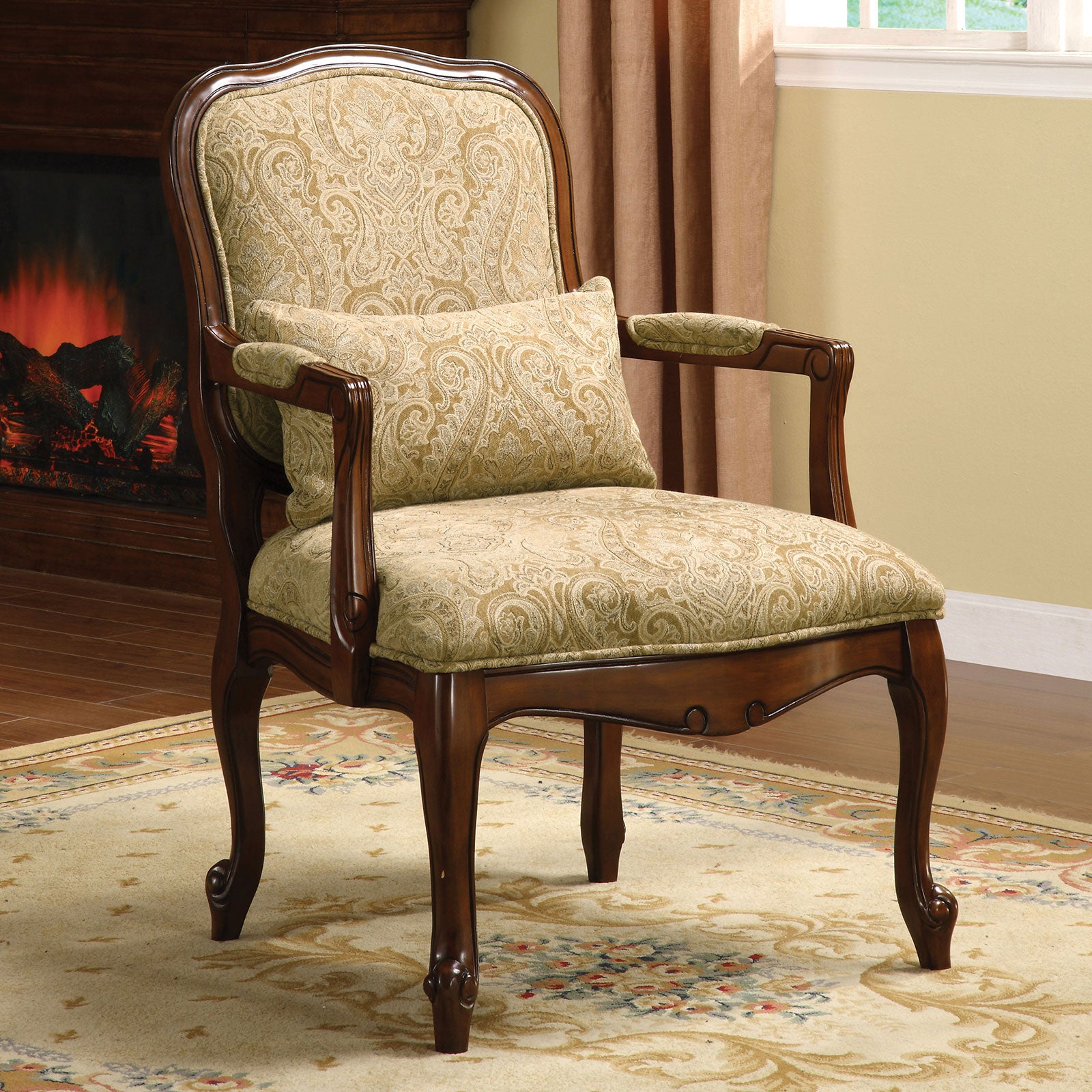 Queen Anne Style Legs Traditional Accent Chair W Pillow Beige Fabric Dark Cherry Solid Wood Padded Seat 1Pc Arm Chair Beige,Cherry Primary Living Space Antique,Contemporary,Traditional Fabric,Solid Wood