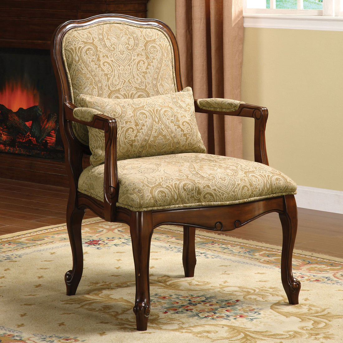 Queen Anne Style Legs Traditional Accent Chair W Pillow Beige Fabric Dark Cherry Solid Wood Padded Seat 1Pc Arm Chair Beige,Cherry Primary Living Space Antique,Contemporary,Traditional Fabric,Solid Wood